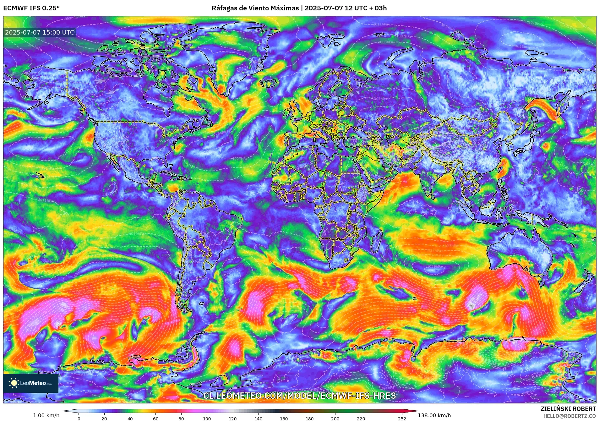 ECMWF IFS 0.25° model - Mundo, Ráfagas de Viento Máximas ECMWF IFS 0.25° model - Mundo, Ráfagas de Viento Máximas