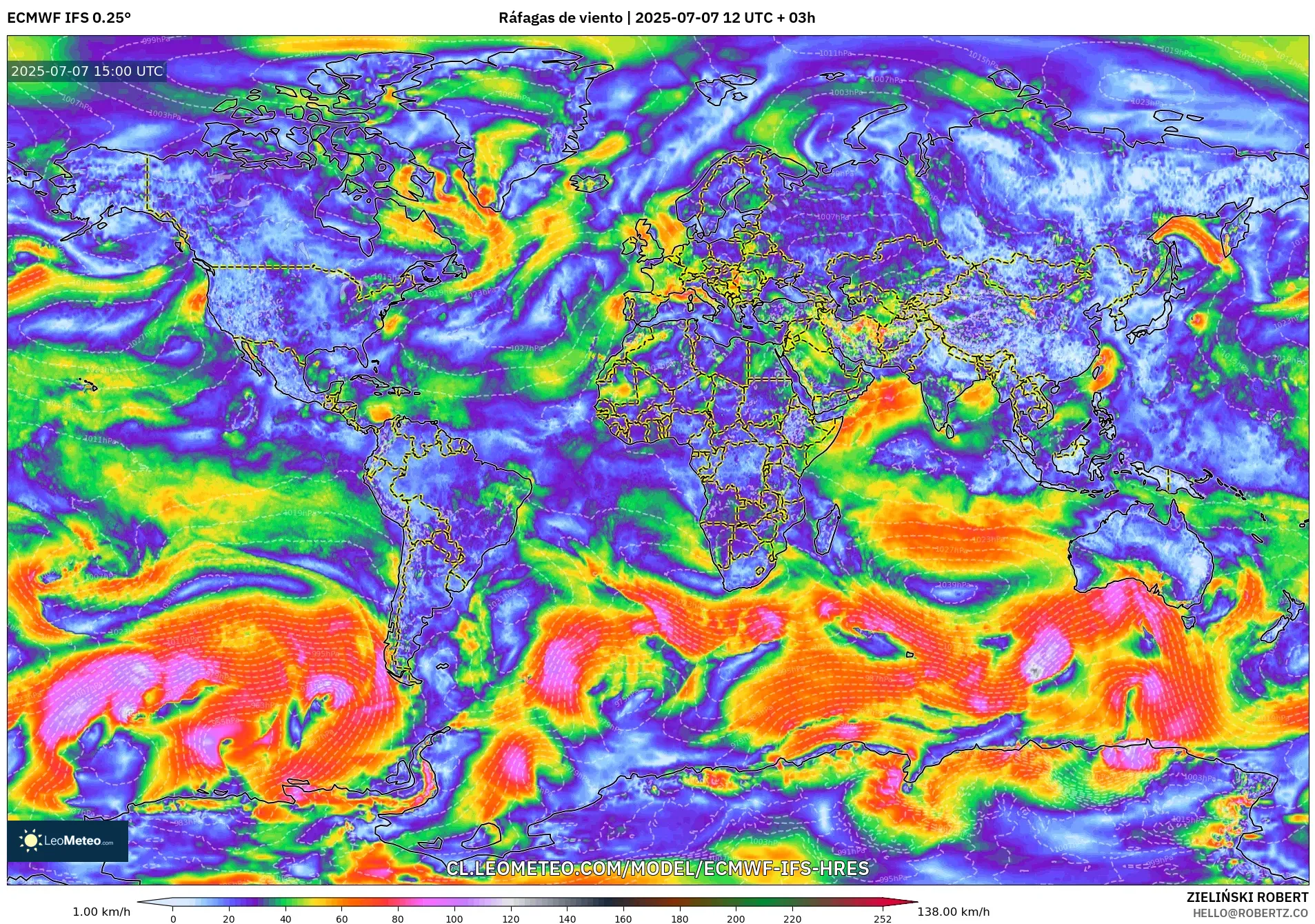 ECMWF IFS 0.25° model - Mundo, Ráfagas de viento ECMWF IFS 0.25° model - Mundo, Ráfagas de viento