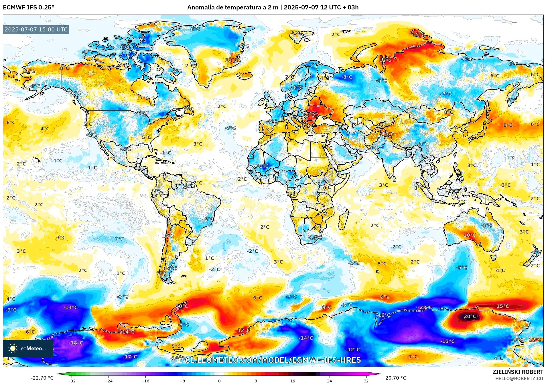 ECMWF IFS 0.25° model - Mundo, Anomalía de temperatura a 2 m ECMWF IFS 0.25° model - Mundo, Anomalía de temperatura a 2 m