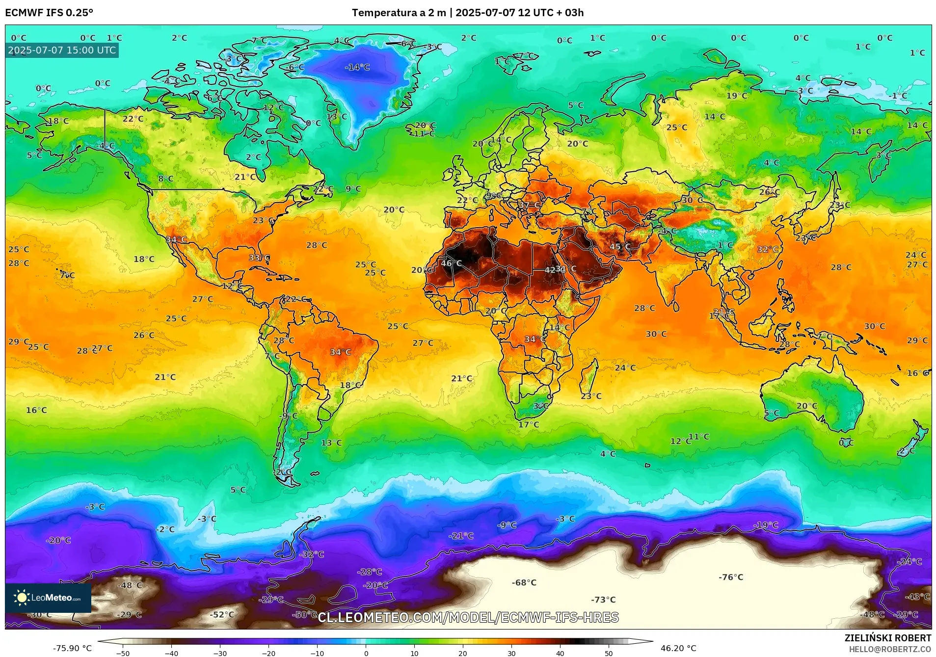 ECMWF IFS 0.25° model - Mundo, Temperatura a 2 m ECMWF IFS 0.25° model - Mundo, Temperatura a 2 m