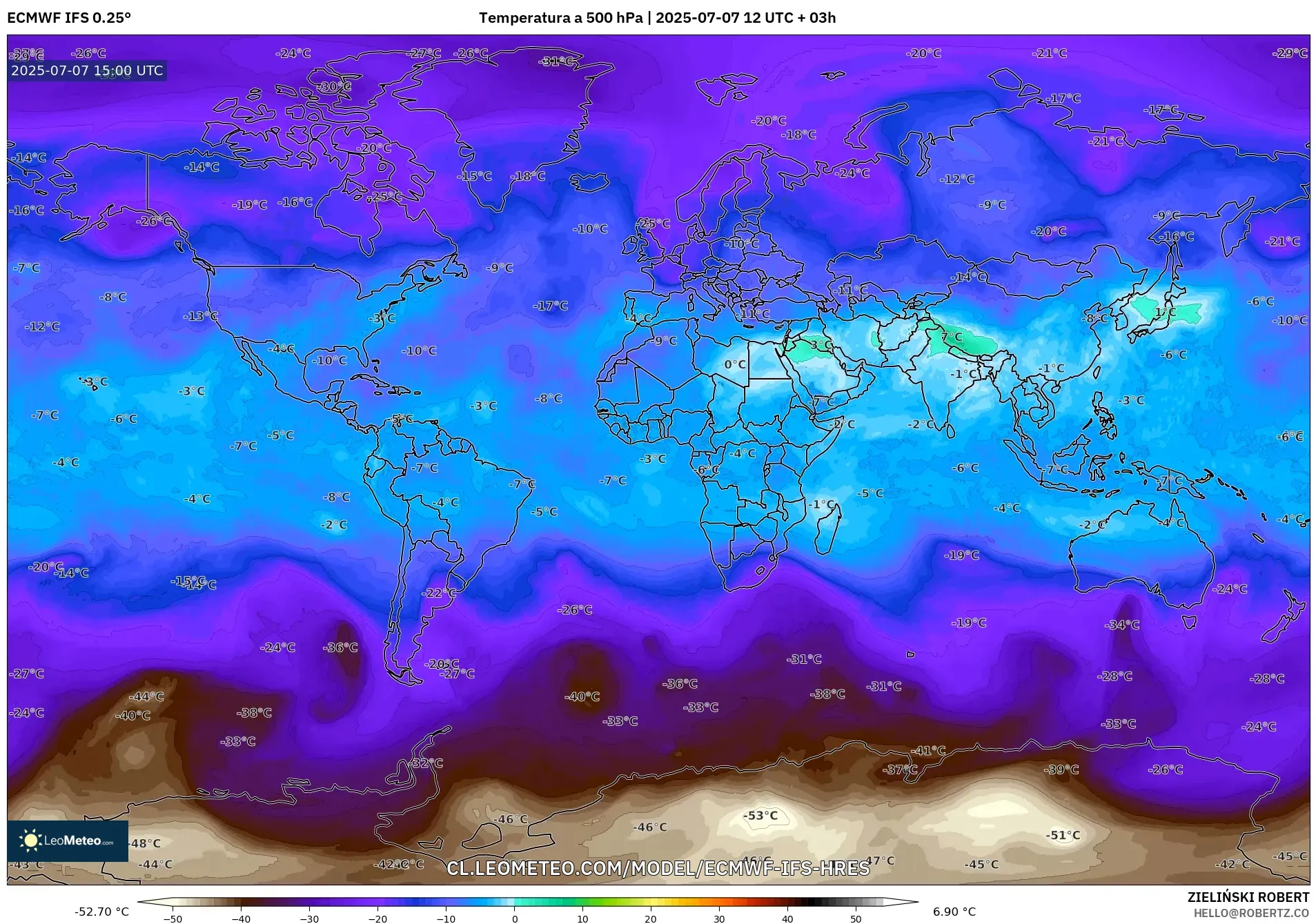 ECMWF IFS 0.25° model - Mundo, Temperatura a 500 hPa ECMWF IFS 0.25° model - Mundo, Temperatura a 500 hPa