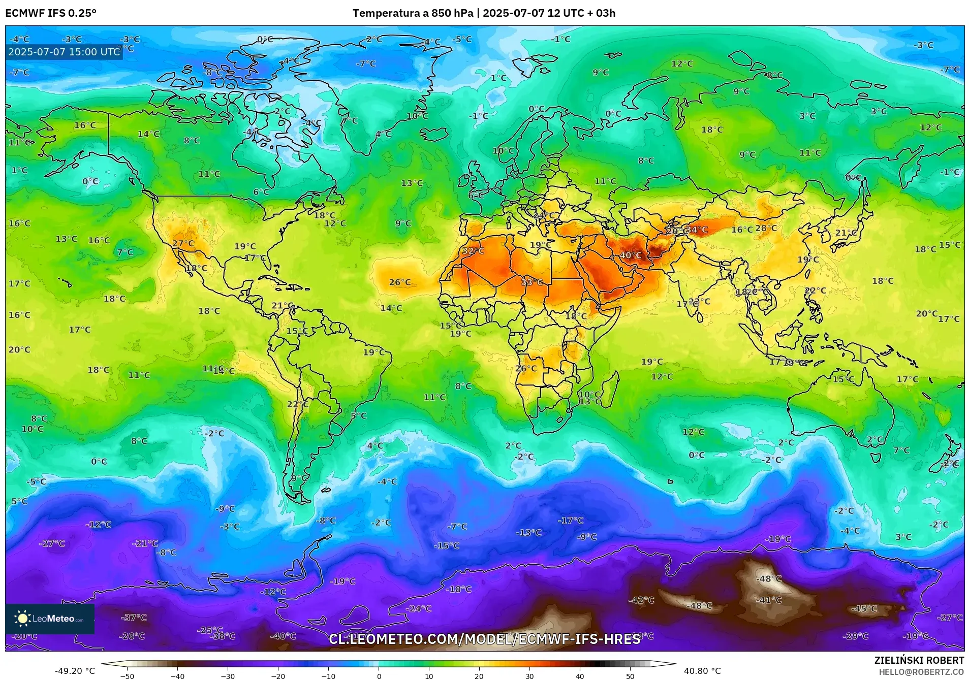ECMWF IFS 0.25° model - Mundo, Temperatura a 850 hPa ECMWF IFS 0.25° model - Mundo, Temperatura a 850 hPa