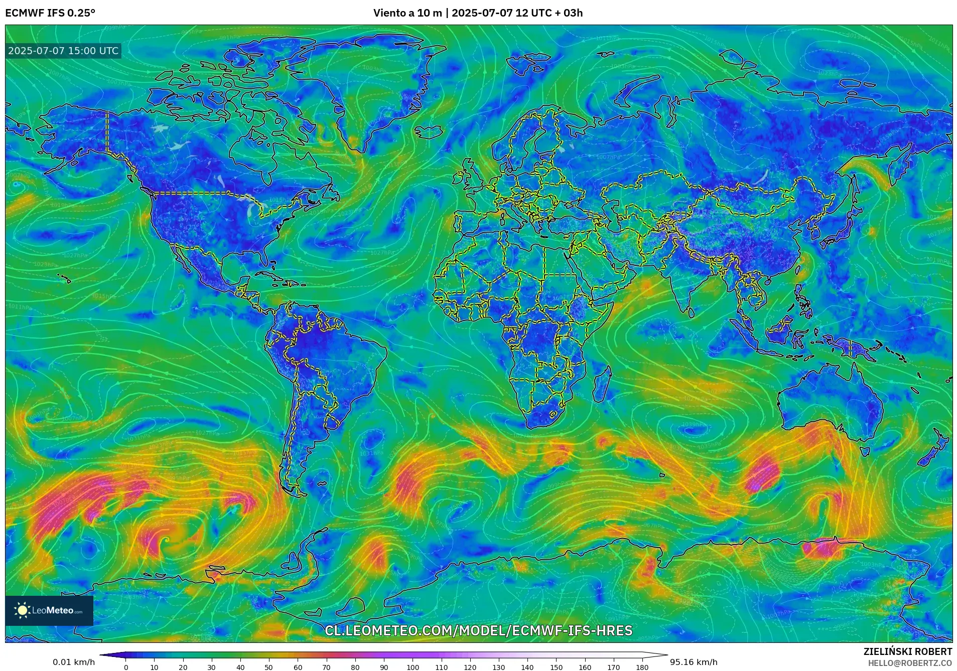 ECMWF IFS 0.25° model - Mundo, Viento a 10 m ECMWF IFS 0.25° model - Mundo, Viento a 10 m