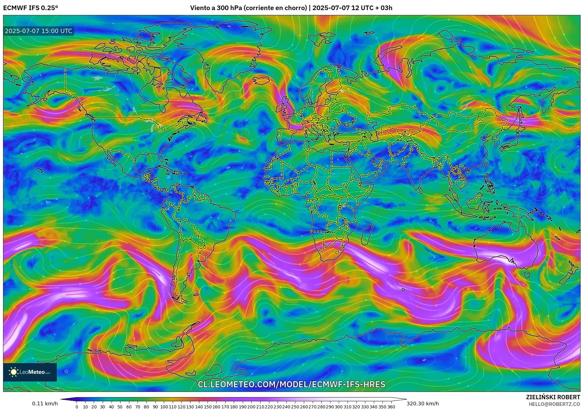 ECMWF IFS 0.25° model - Mundo, Viento a 300 hPa (corriente en chorro) ECMWF IFS 0.25° model - Mundo, Viento a 300 hPa (corriente en chorro)