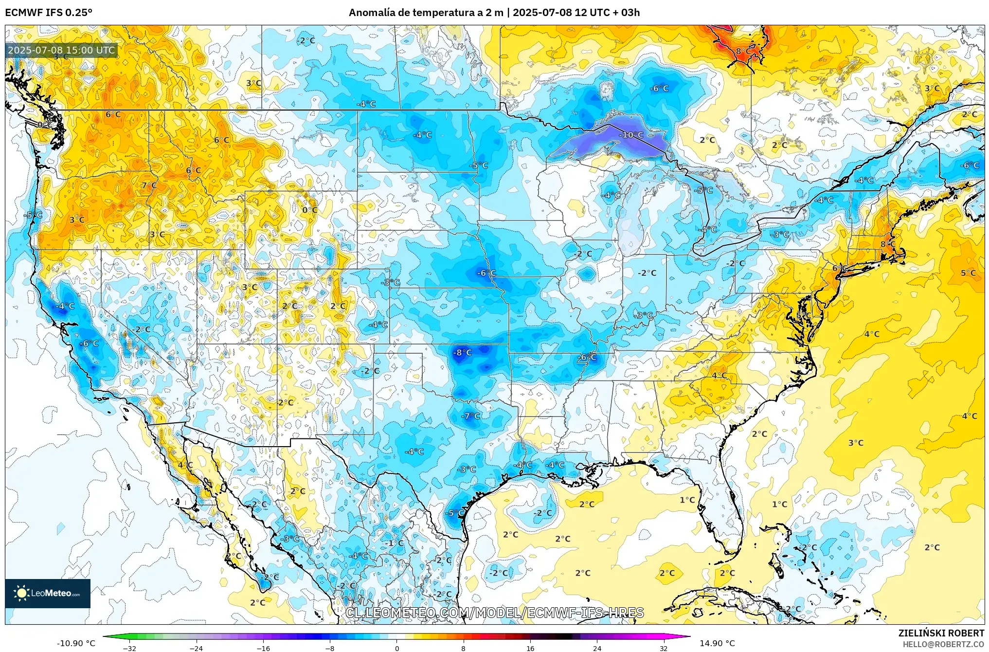 ECMWF IFS 0.25° model - Estados Unidos, Anomalía de temperatura a 2 m ECMWF IFS 0.25° model - Estados Unidos, Anomalía de temperatura a 2 m