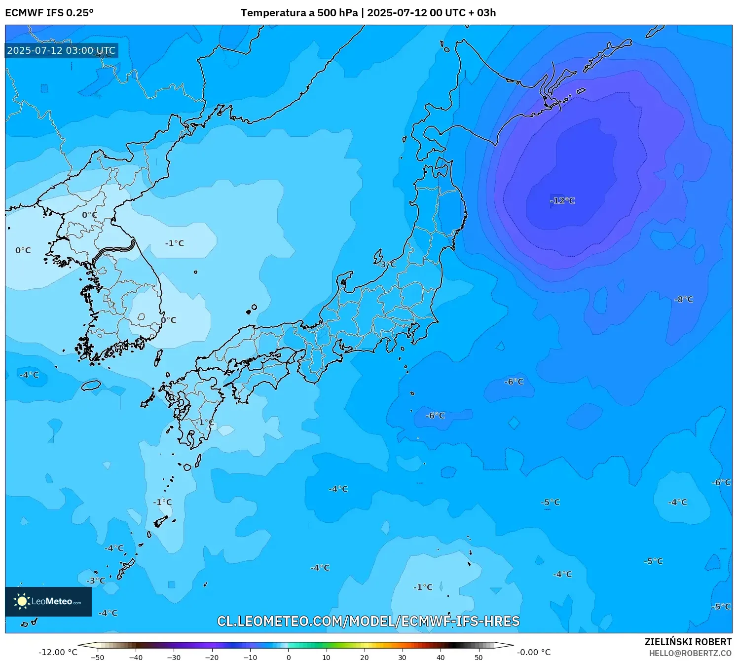 ECMWF IFS 0.25° model - Japón, Temperatura a 500 hPa ECMWF IFS 0.25° model - Japón, Temperatura a 500 hPa