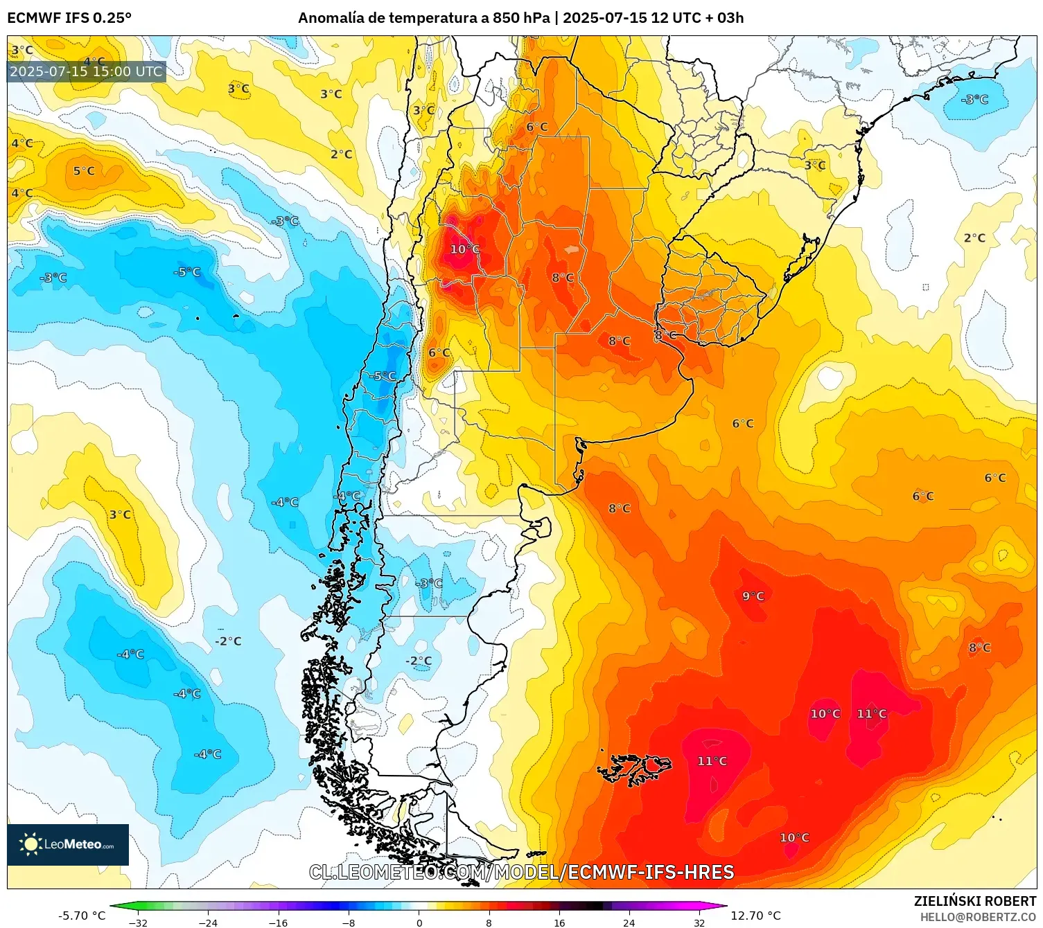 ECMWF IFS 0.25° model - Argentina, Anomalía de temperatura a 850 hPa ECMWF IFS 0.25° model - Argentina, Anomalía de temperatura a 850 hPa