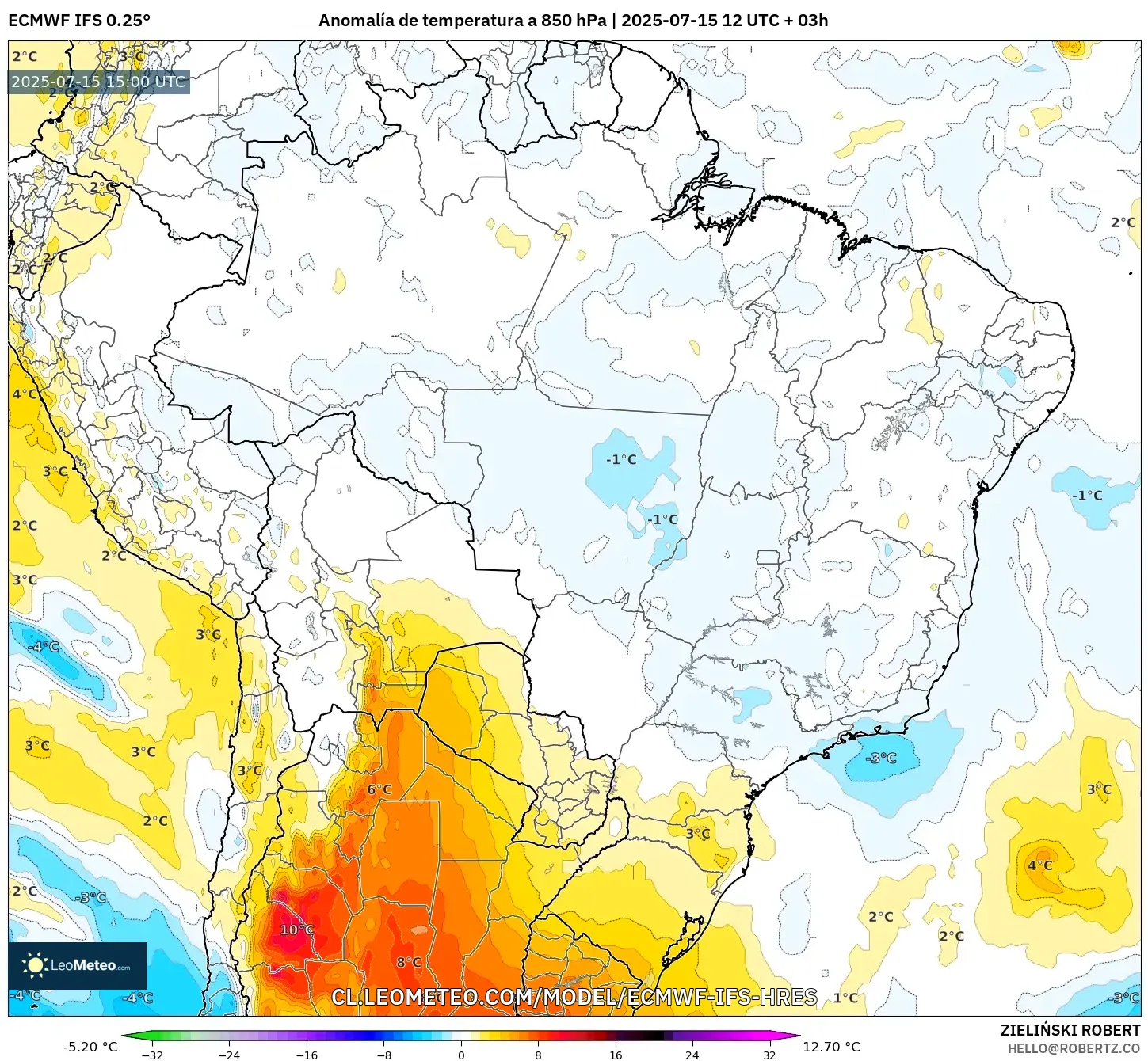 ECMWF IFS 0.25° model - Brasil, Anomalía de temperatura a 850 hPa ECMWF IFS 0.25° model - Brasil, Anomalía de temperatura a 850 hPa