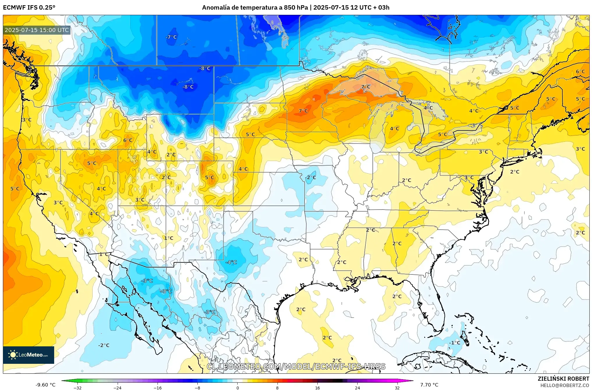ECMWF IFS 0.25° model - Estados Unidos, Anomalía de temperatura a 850 hPa ECMWF IFS 0.25° model - Estados Unidos, Anomalía de temperatura a 850 hPa