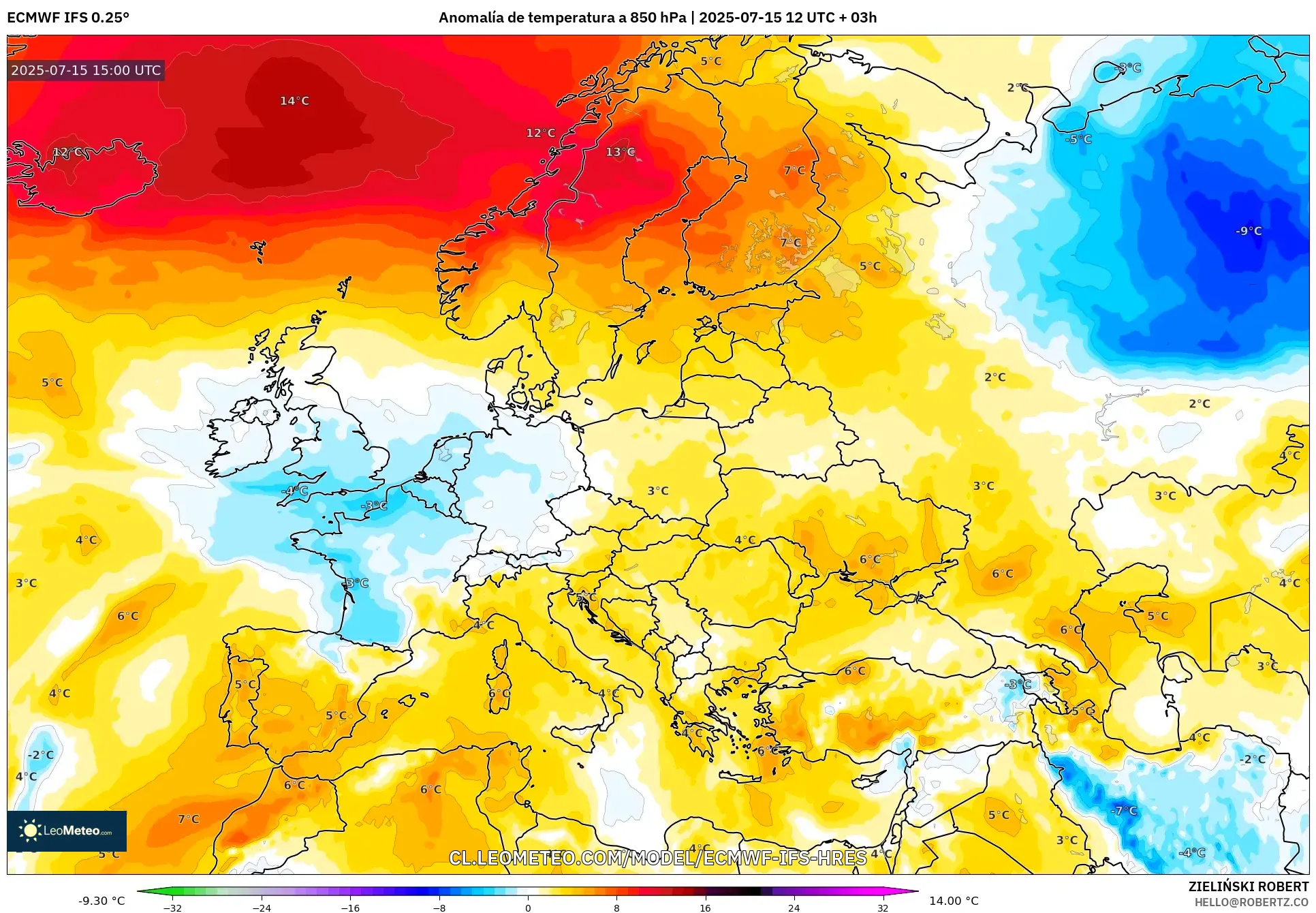 ECMWF IFS 0.25° model - Europa, Anomalía de temperatura a 850 hPa ECMWF IFS 0.25° model - Europa, Anomalía de temperatura a 850 hPa
