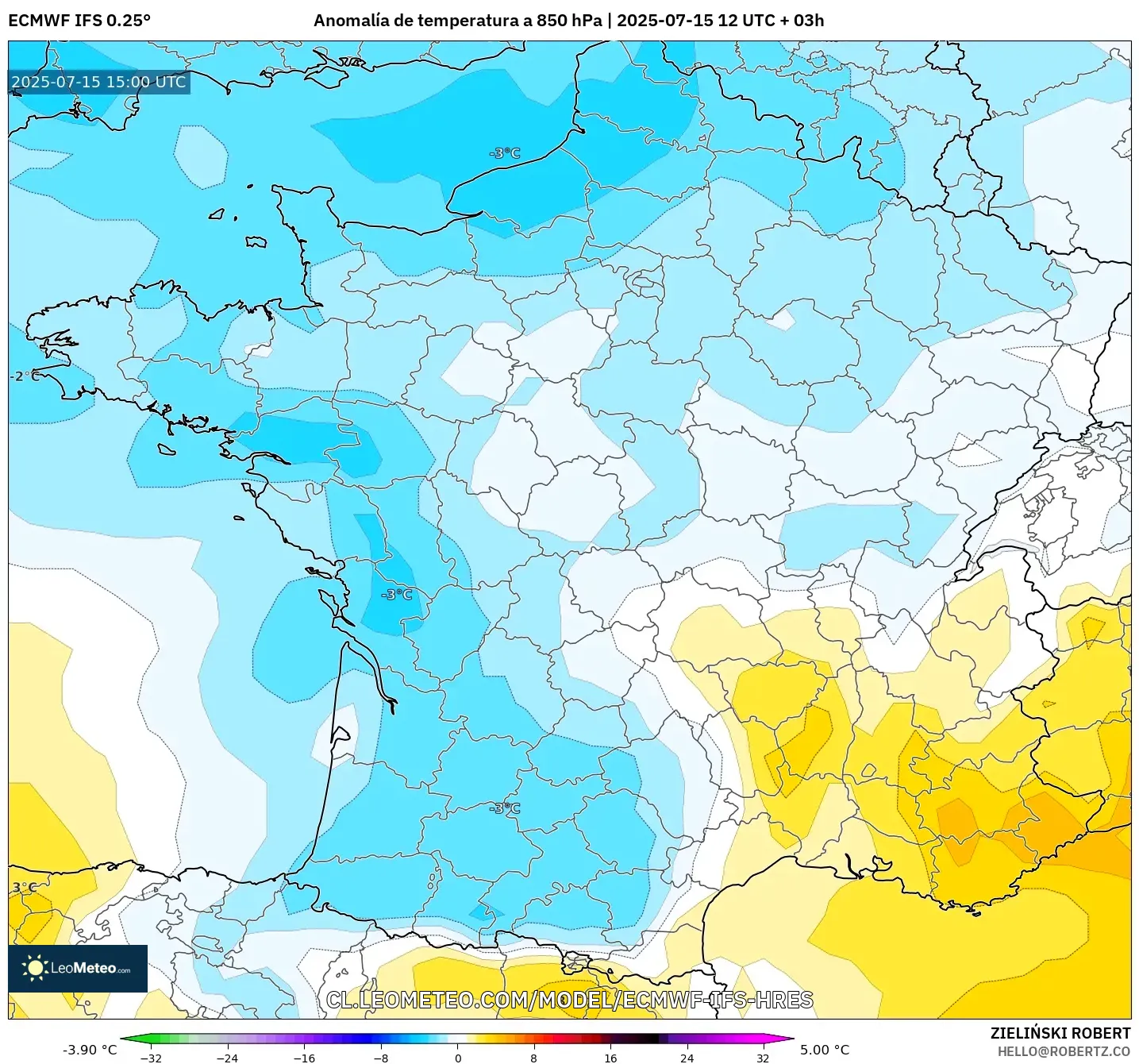 ECMWF IFS 0.25° model - Francia, Anomalía de temperatura a 850 hPa ECMWF IFS 0.25° model - Francia, Anomalía de temperatura a 850 hPa