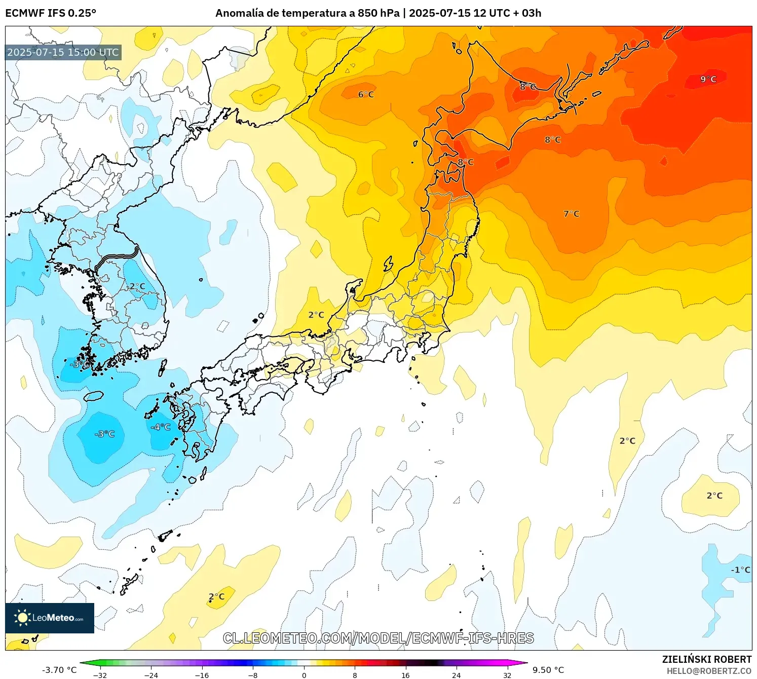 ECMWF IFS 0.25° model - Japón, Anomalía de temperatura a 850 hPa ECMWF IFS 0.25° model - Japón, Anomalía de temperatura a 850 hPa