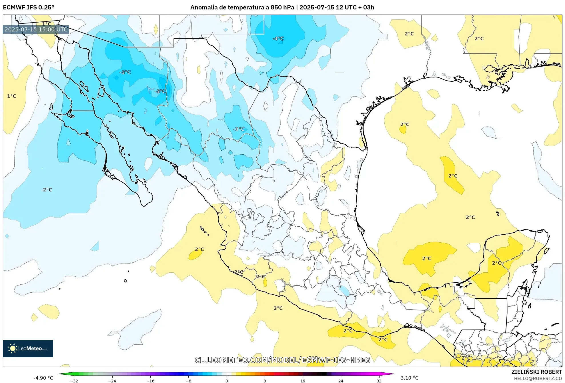 ECMWF IFS 0.25° model - México, Anomalía de temperatura a 850 hPa ECMWF IFS 0.25° model - México, Anomalía de temperatura a 850 hPa