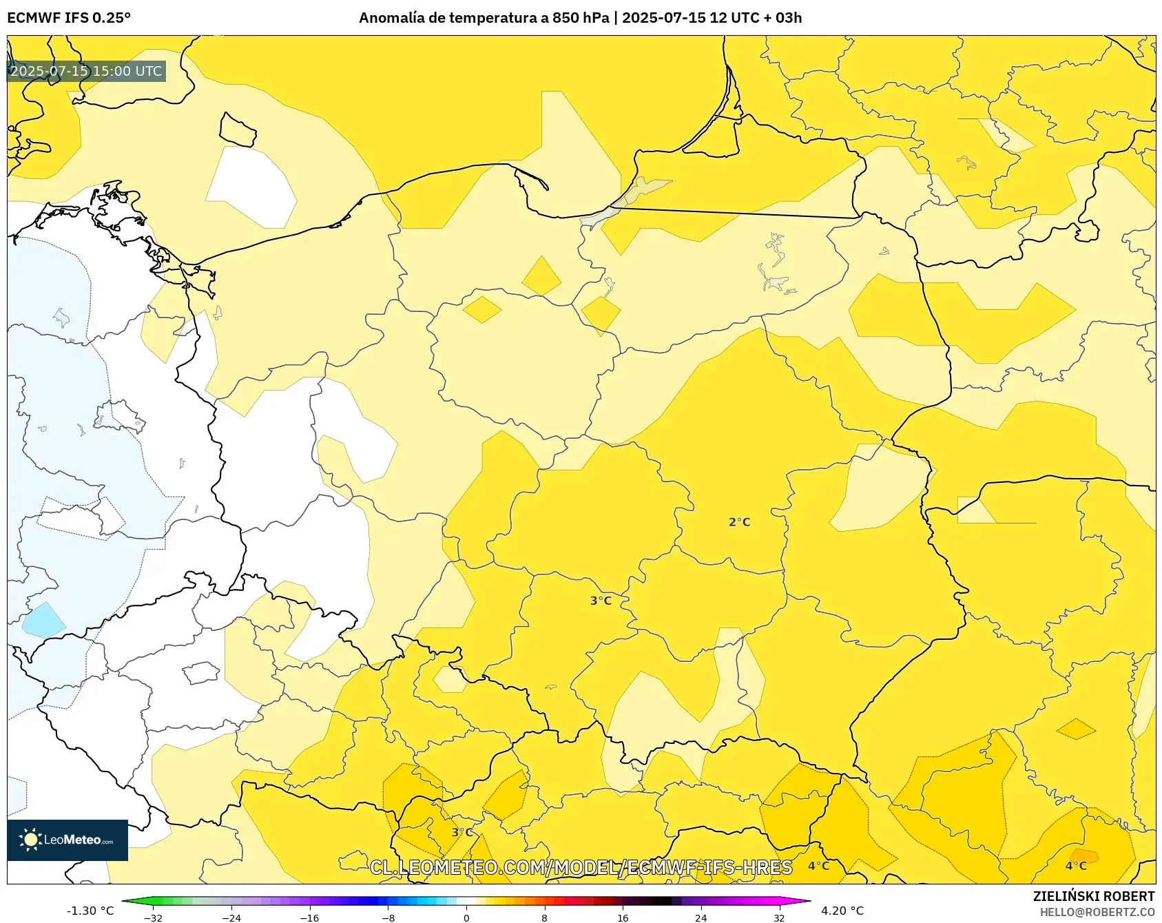 ECMWF IFS 0.25° model - Polonia, Anomalía de temperatura a 850 hPa ECMWF IFS 0.25° model - Polonia, Anomalía de temperatura a 850 hPa