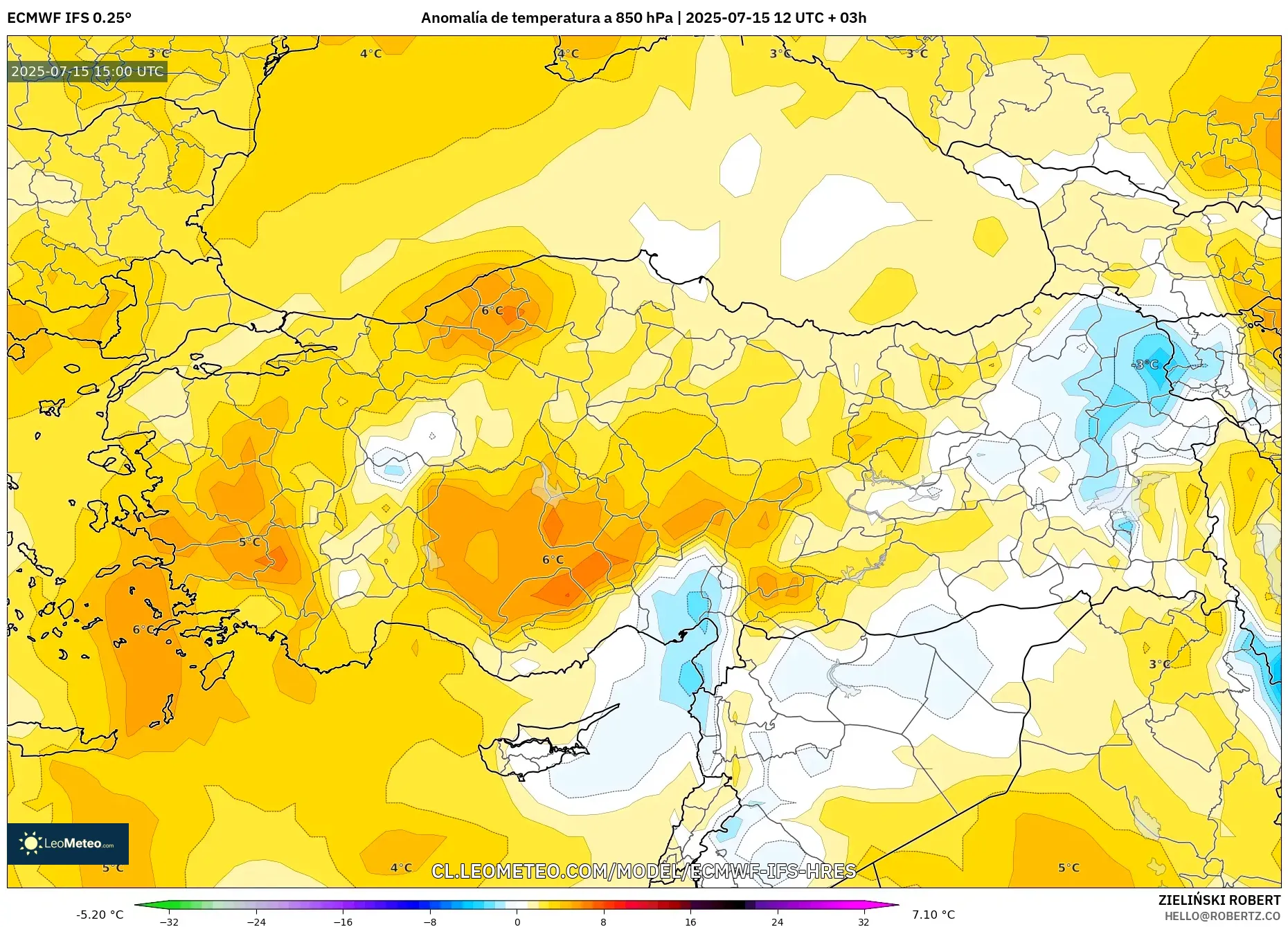 ECMWF IFS 0.25° model - Turquía, Anomalía de temperatura a 850 hPa ECMWF IFS 0.25° model - Turquía, Anomalía de temperatura a 850 hPa