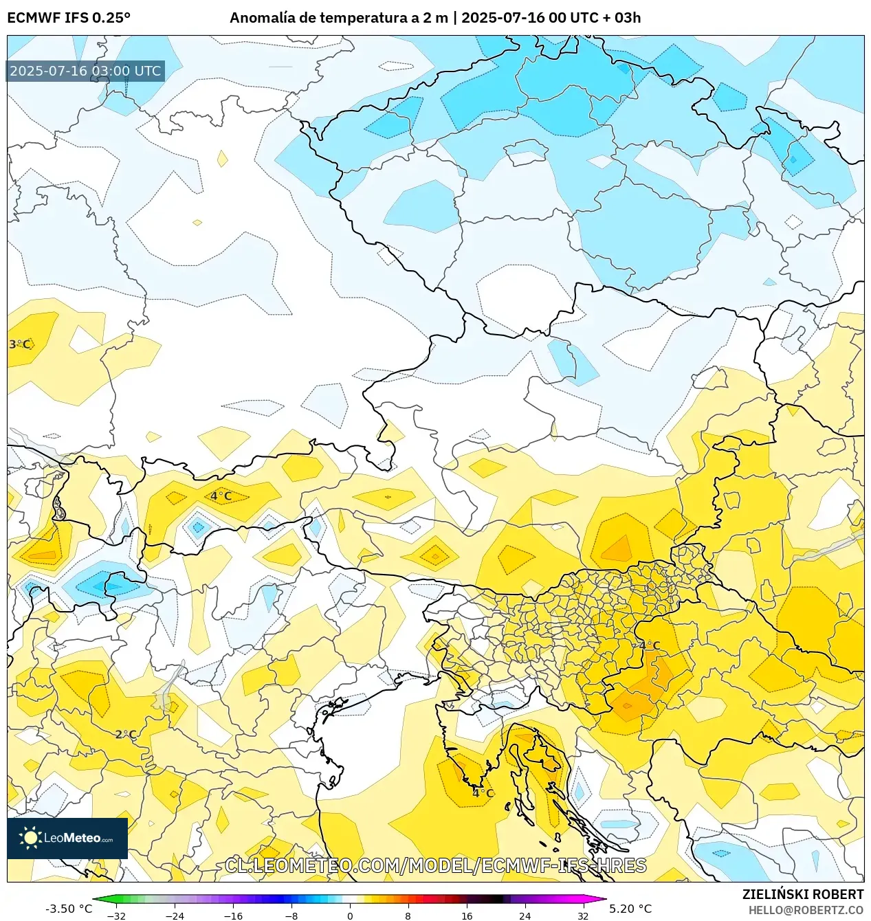 ECMWF IFS 0.25° model - Austria, Anomalía de temperatura a 2 m ECMWF IFS 0.25° model - Austria, Anomalía de temperatura a 2 m