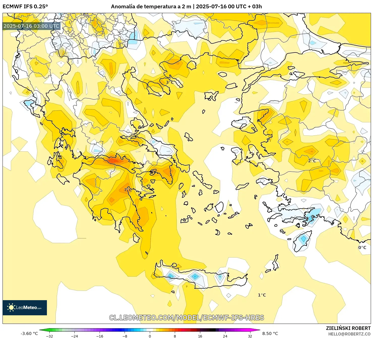 ECMWF IFS 0.25° model - Grecia, Anomalía de temperatura a 2 m ECMWF IFS 0.25° model - Grecia, Anomalía de temperatura a 2 m