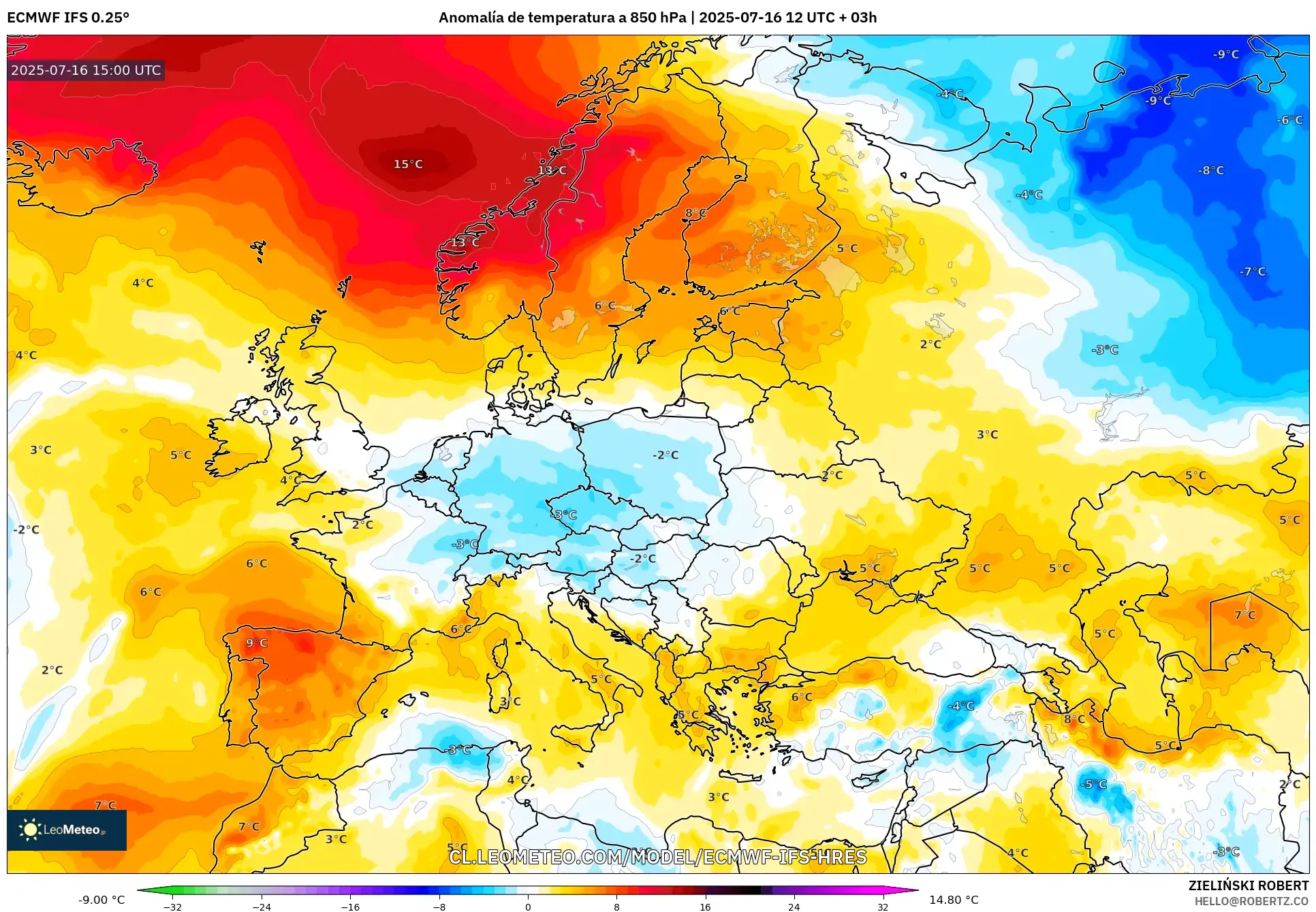 ECMWF IFS 0.25° model - Europa, Anomalía de temperatura a 850 hPa