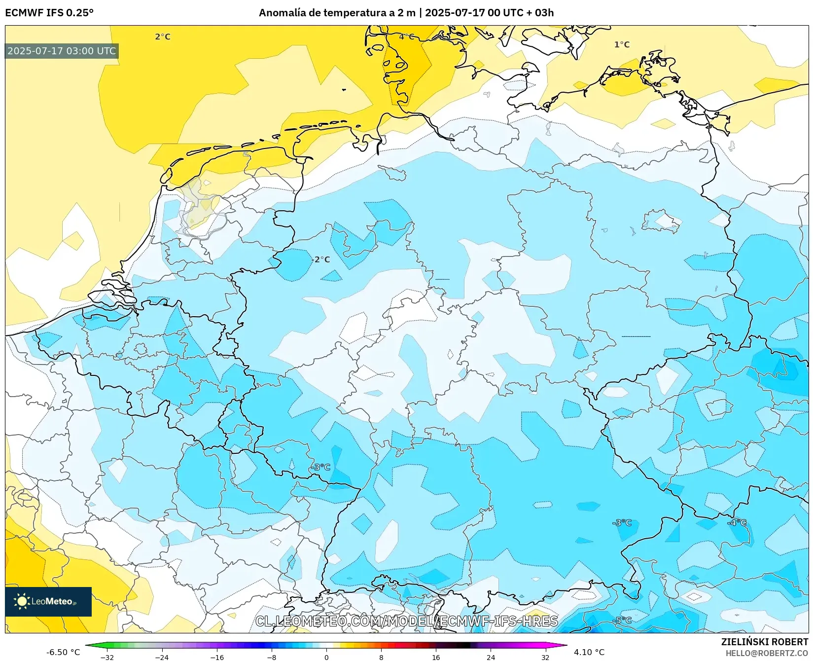 ECMWF IFS 0.25° model - Alemania, Anomalía de temperatura a 2 m ECMWF IFS 0.25° model - Alemania, Anomalía de temperatura a 2 m