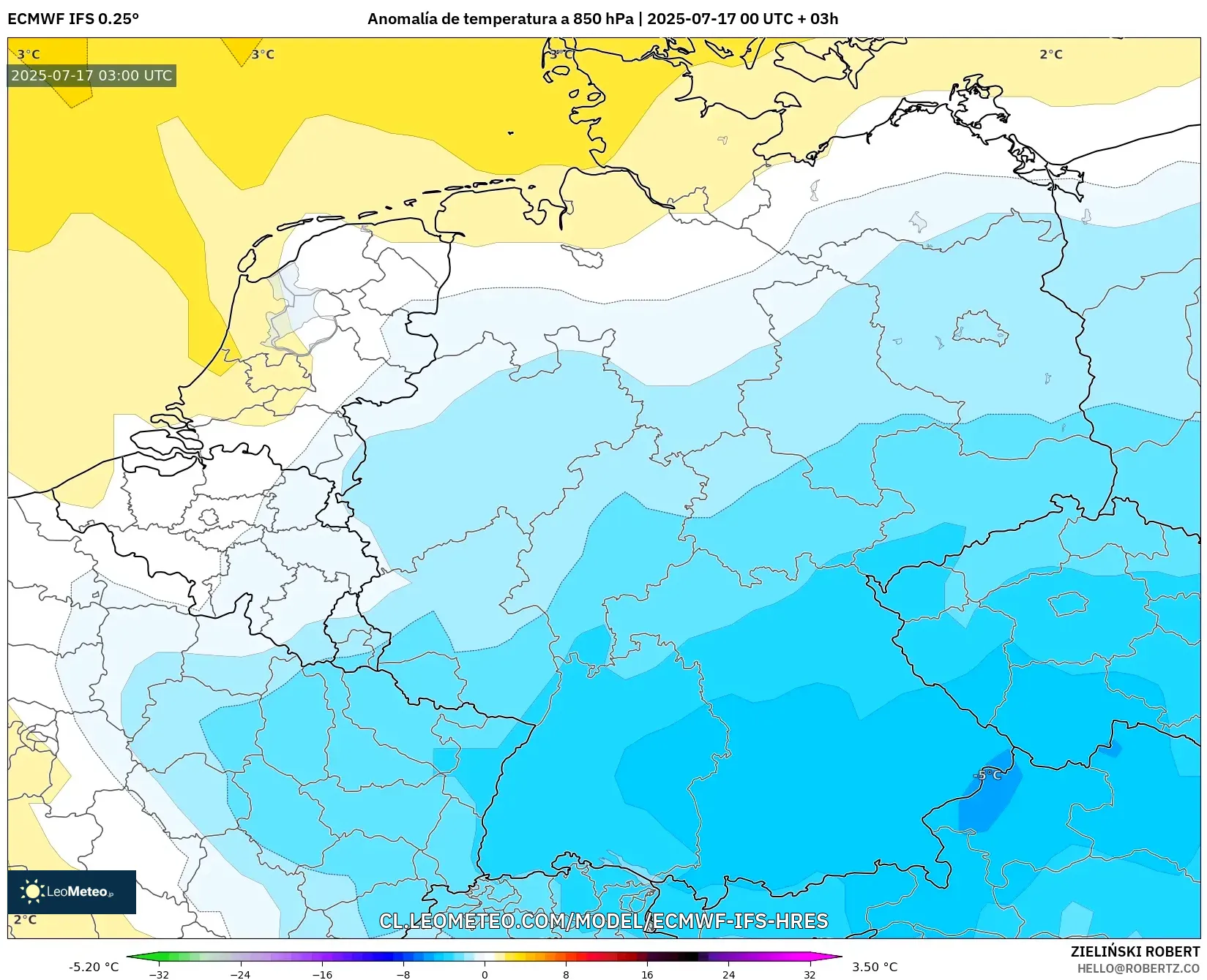 ECMWF IFS 0.25° model - Alemania, Anomalía de temperatura a 850 hPa ECMWF IFS 0.25° model - Alemania, Anomalía de temperatura a 850 hPa