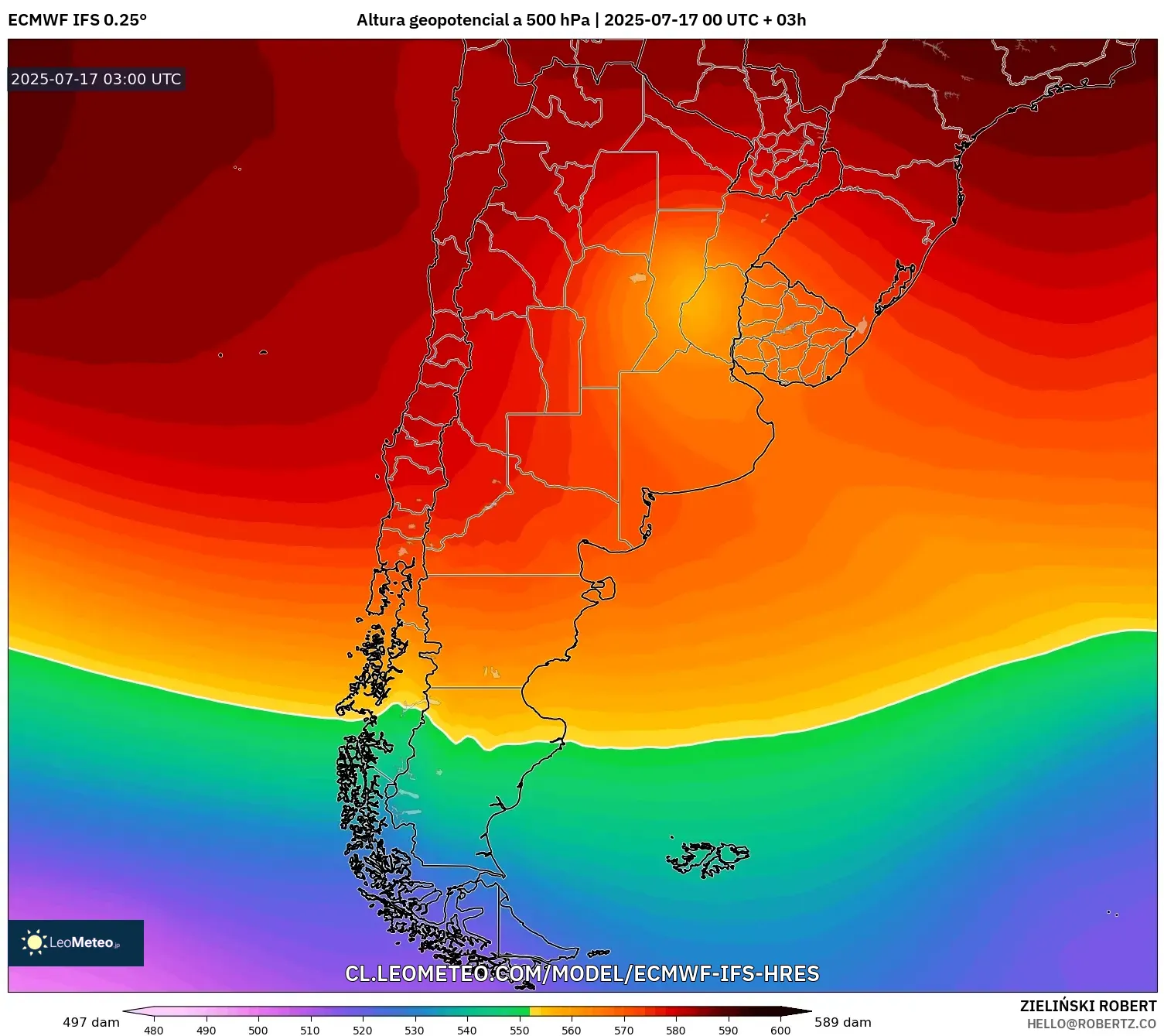 ECMWF IFS 0.25° model - Argentina, Altura geopotencial a 500 hPa