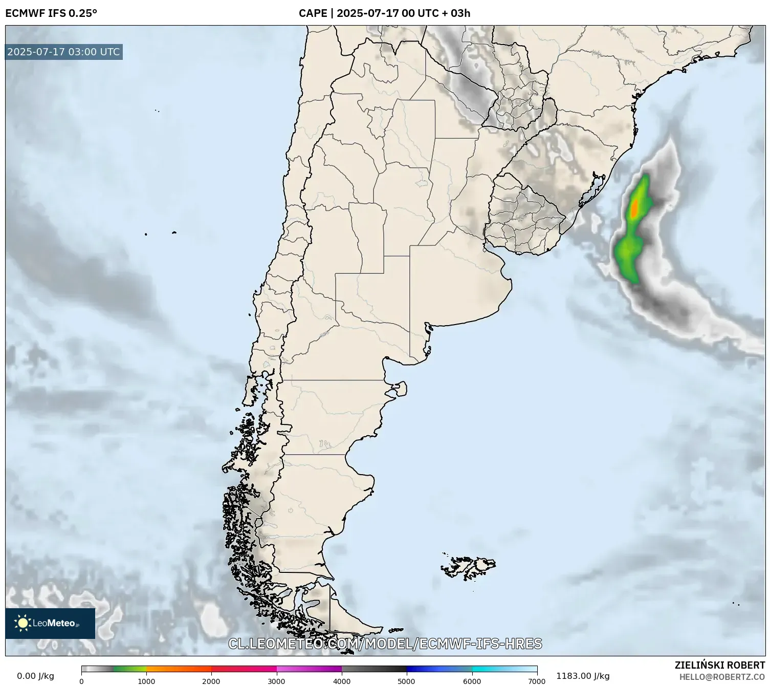 ECMWF IFS 0.25° model - Argentina, CAPE ECMWF IFS 0.25° model - Argentina, CAPE