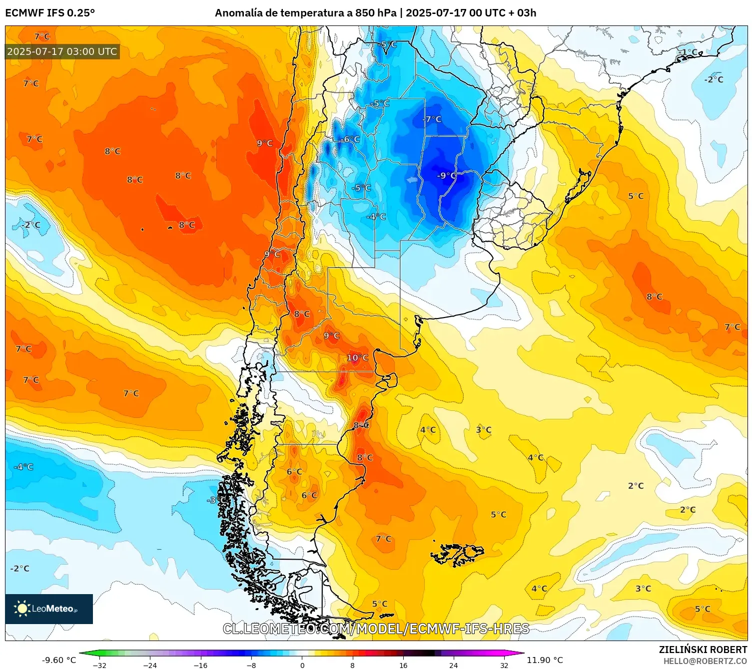 ECMWF IFS 0.25° model - Argentina, Anomalía de temperatura a 850 hPa ECMWF IFS 0.25° model - Argentina, Anomalía de temperatura a 850 hPa