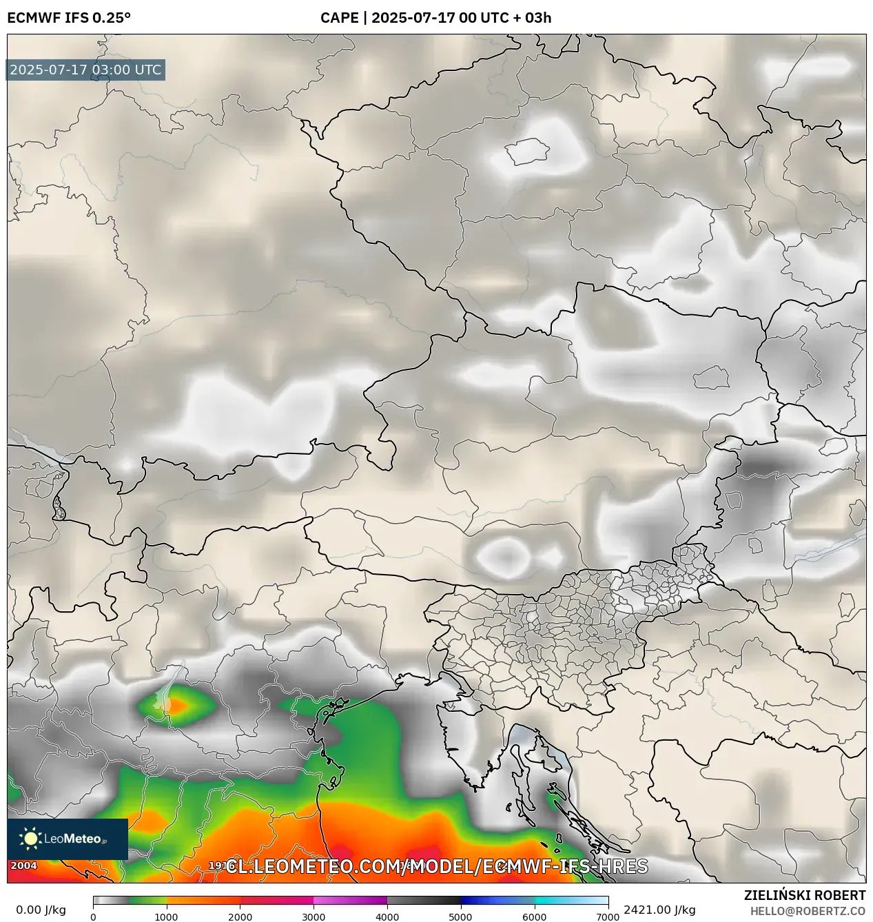 ECMWF IFS 0.25° model - Austria, CAPE ECMWF IFS 0.25° model - Austria, CAPE