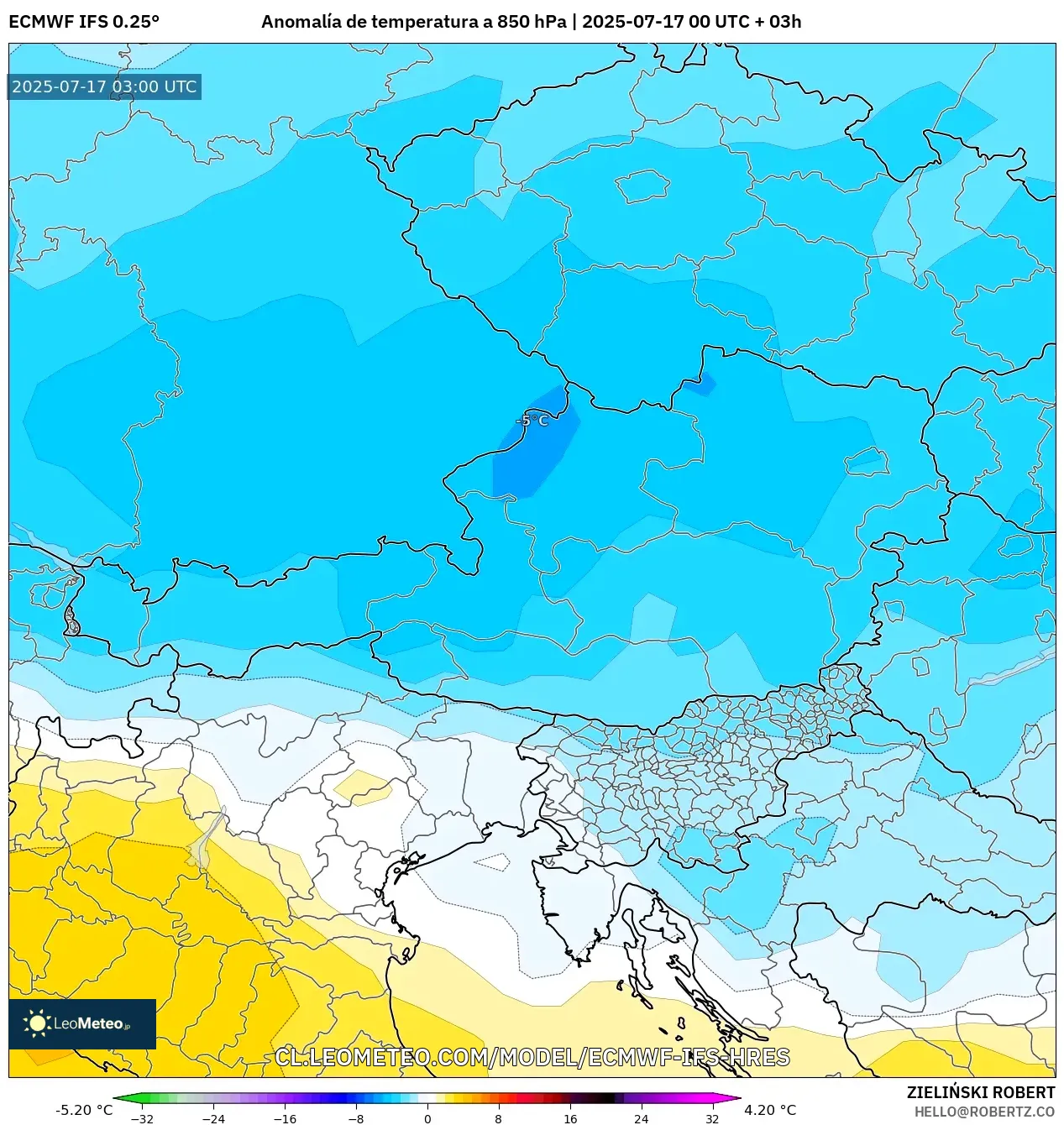 ECMWF IFS 0.25° model - Austria, Anomalía de temperatura a 850 hPa ECMWF IFS 0.25° model - Austria, Anomalía de temperatura a 850 hPa
