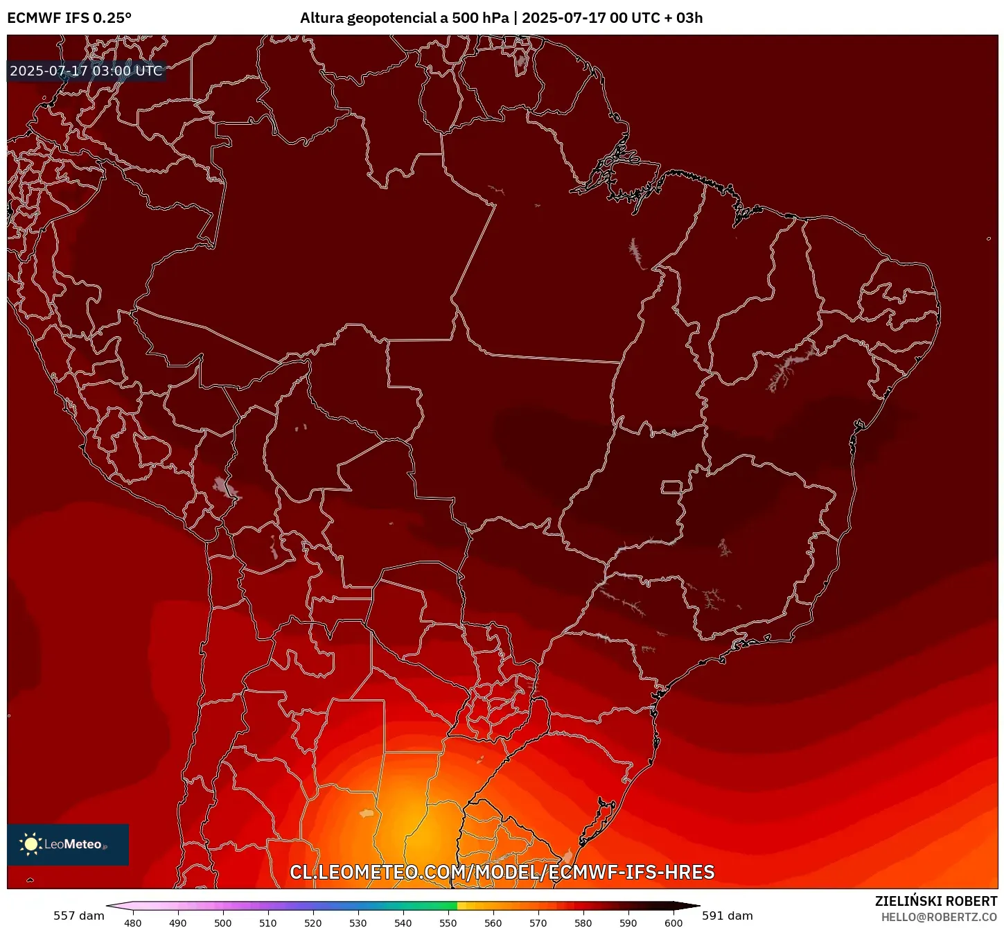 ECMWF IFS 0.25° model - Brasil, Altura geopotencial a 500 hPa ECMWF IFS 0.25° model - Brasil, Altura geopotencial a 500 hPa