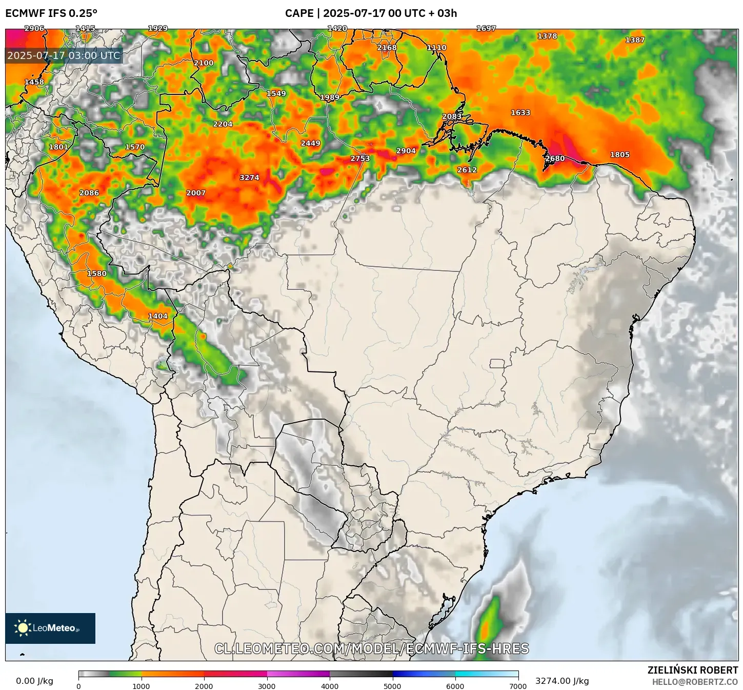 ECMWF IFS 0.25° model - Brasil, CAPE