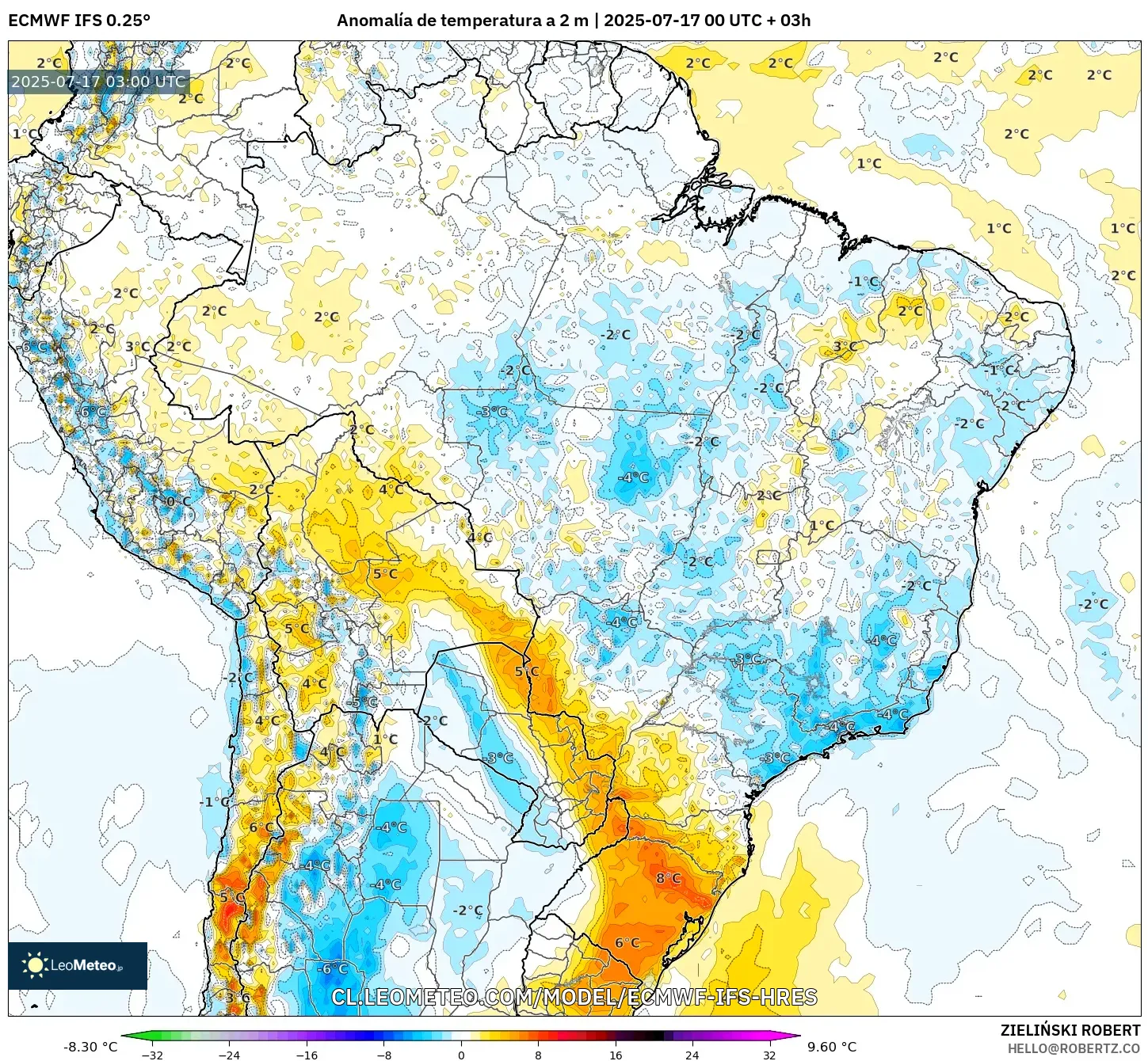 ECMWF IFS 0.25° model - Brasil, Anomalía de temperatura a 2 m ECMWF IFS 0.25° model - Brasil, Anomalía de temperatura a 2 m