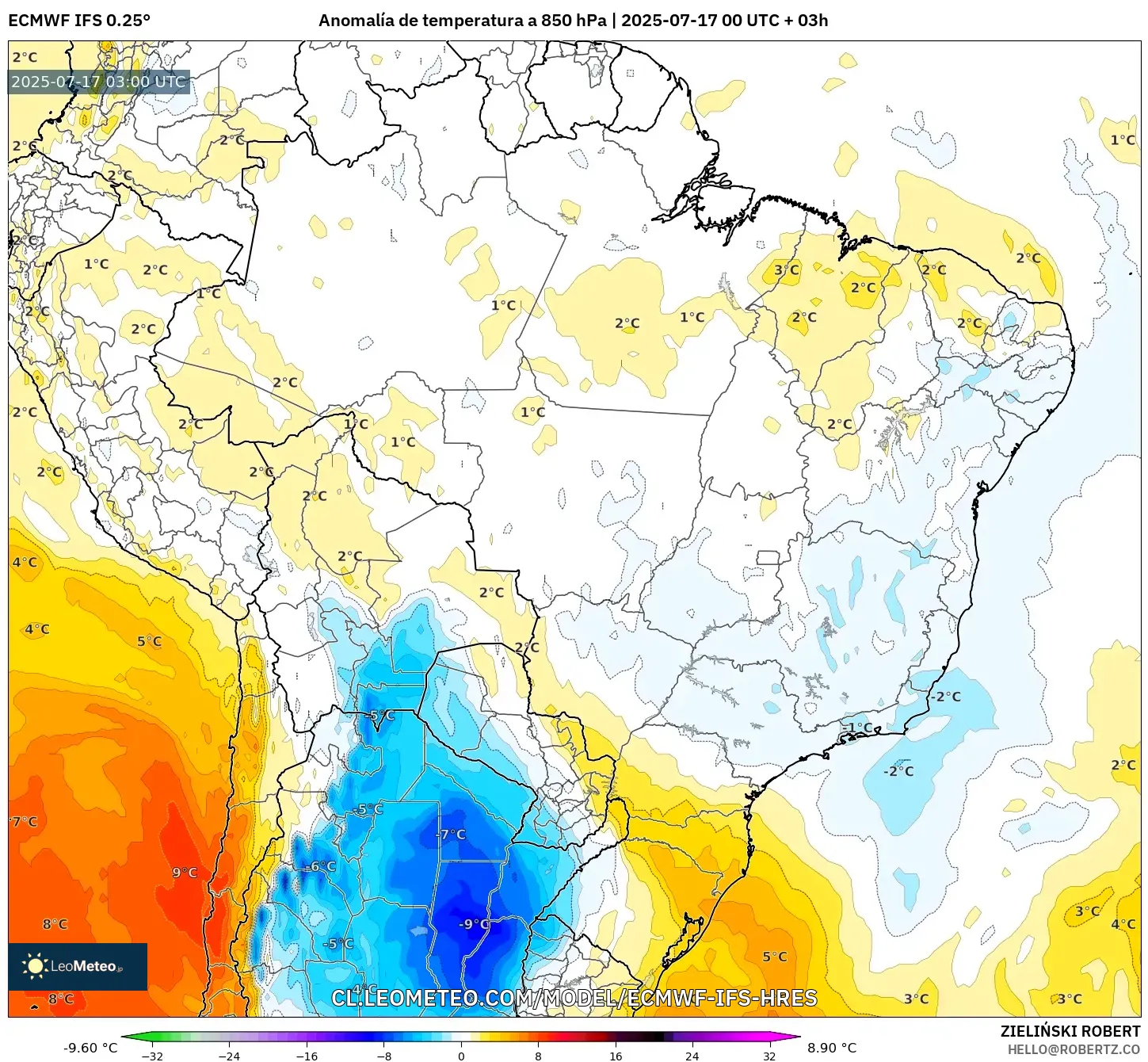 ECMWF IFS 0.25° model - Brasil, Anomalía de temperatura a 850 hPa
