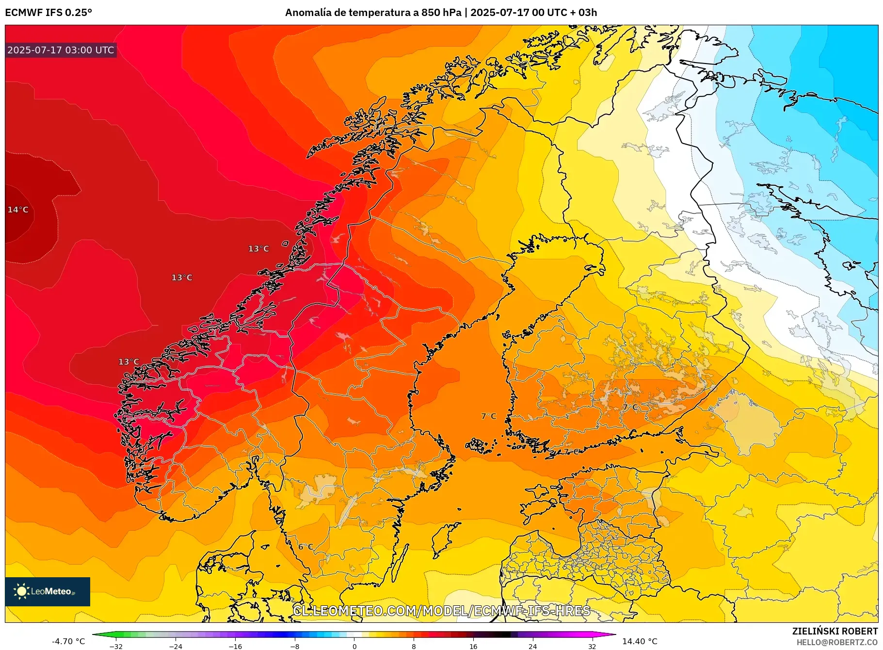 ECMWF IFS 0.25° model - Escandinavia, Anomalía de temperatura a 850 hPa ECMWF IFS 0.25° model - Escandinavia, Anomalía de temperatura a 850 hPa