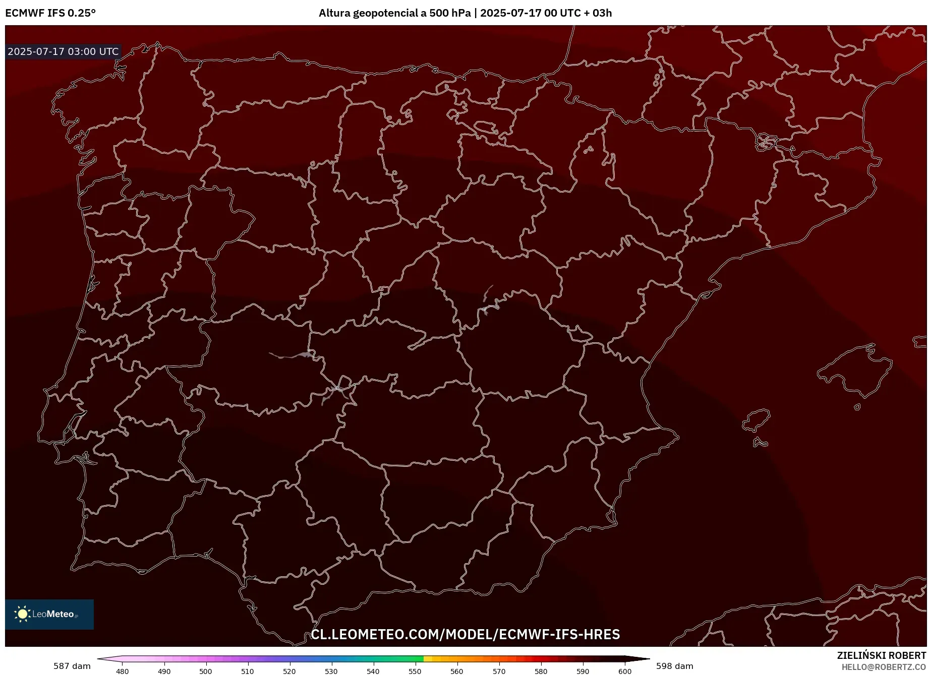 ECMWF IFS 0.25° model - España, Altura geopotencial a 500 hPa ECMWF IFS 0.25° model - España, Altura geopotencial a 500 hPa