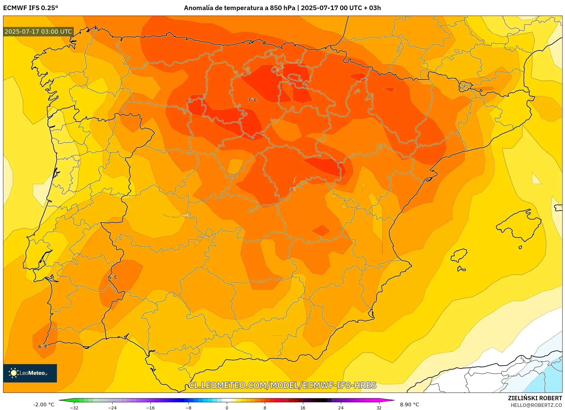 ECMWF IFS 0.25° model - España, Anomalía de temperatura a 850 hPa