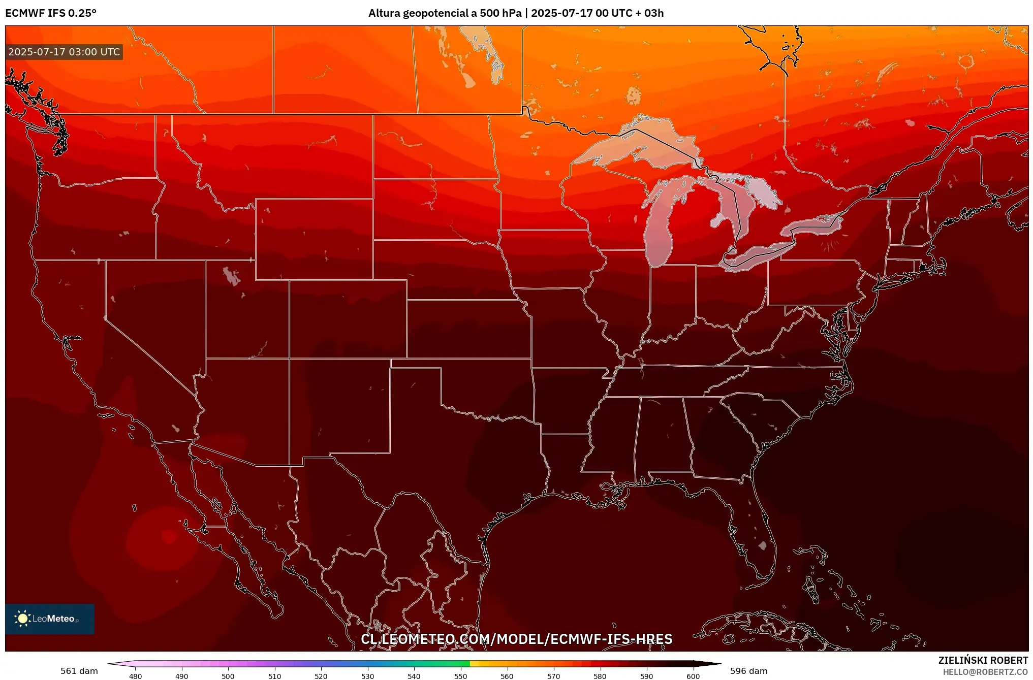 ECMWF IFS 0.25° model - Estados Unidos, Altura geopotencial a 500 hPa