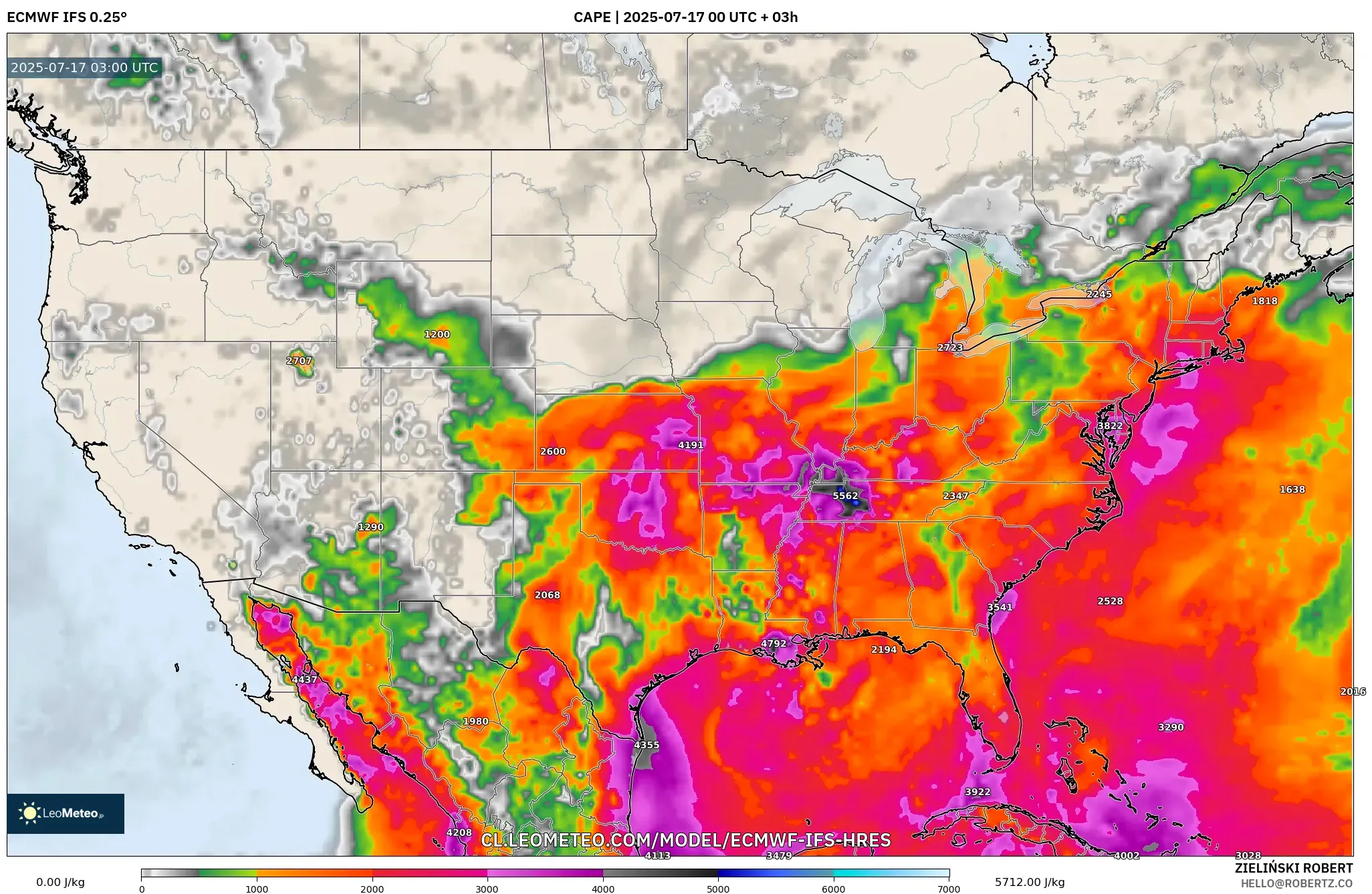 ECMWF IFS 0.25° model - Estados Unidos, CAPE ECMWF IFS 0.25° model - Estados Unidos, CAPE