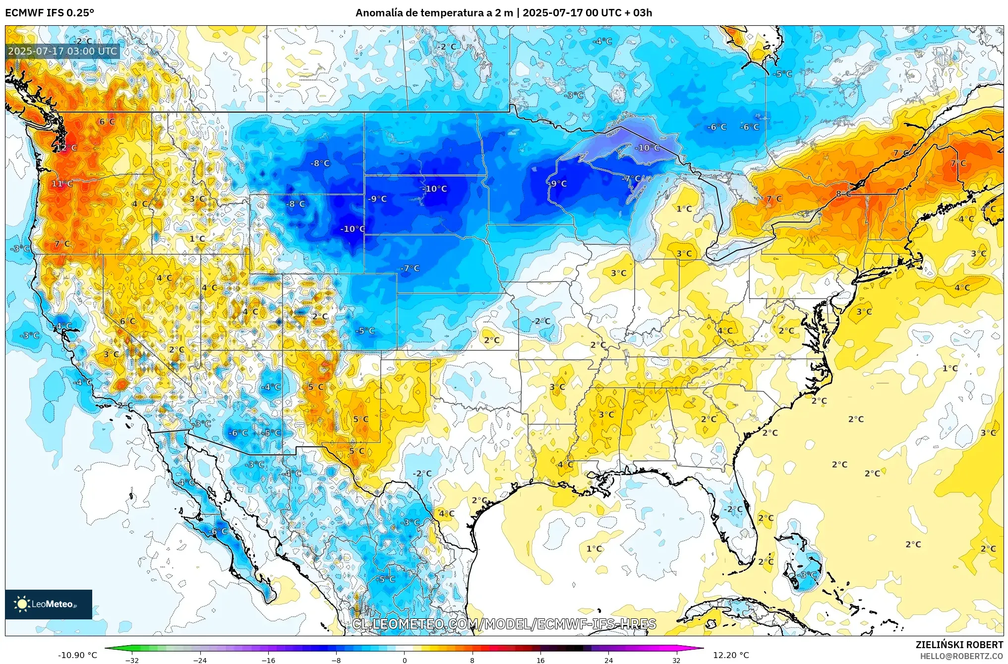 ECMWF IFS 0.25° model - Estados Unidos, Anomalía de temperatura a 2 m