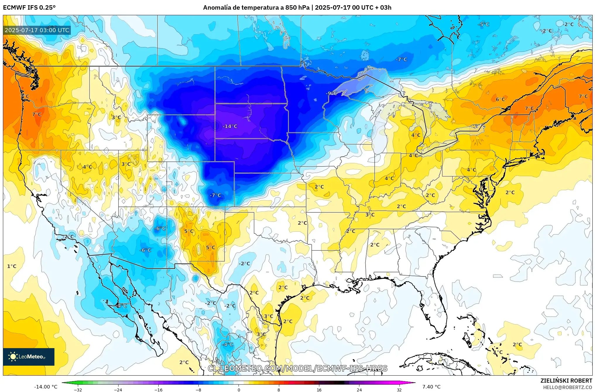 ECMWF IFS 0.25° model - Estados Unidos, Anomalía de temperatura a 850 hPa ECMWF IFS 0.25° model - Estados Unidos, Anomalía de temperatura a 850 hPa
