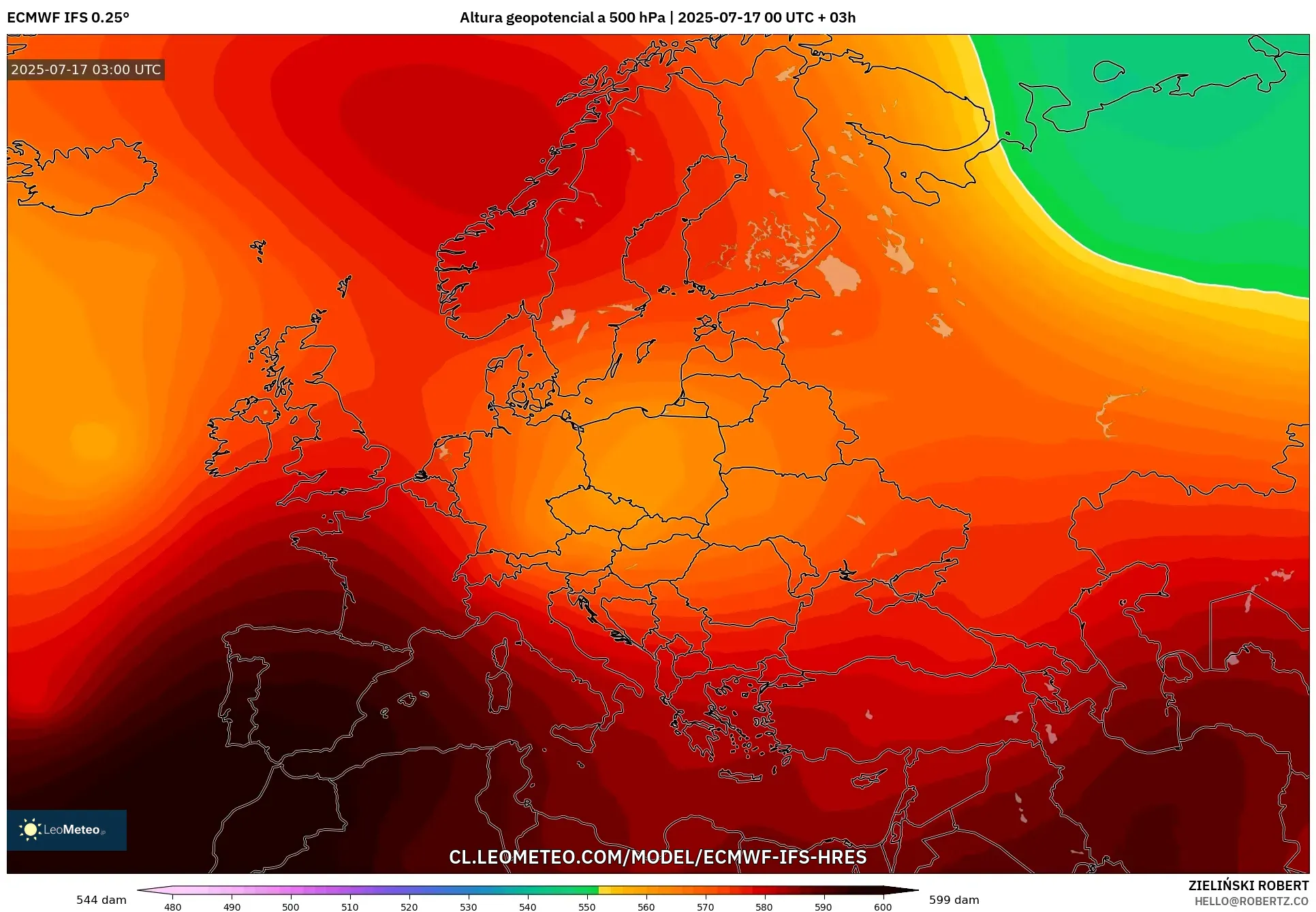 ECMWF IFS 0.25° model - Europa, Altura geopotencial a 500 hPa