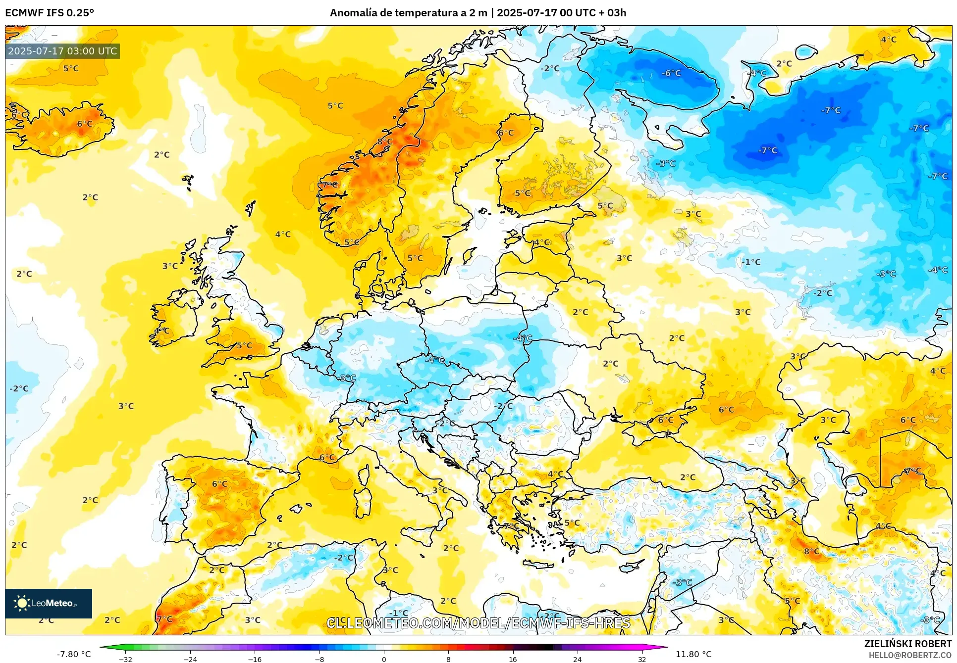ECMWF IFS 0.25° model - Europa, Anomalía de temperatura a 2 m