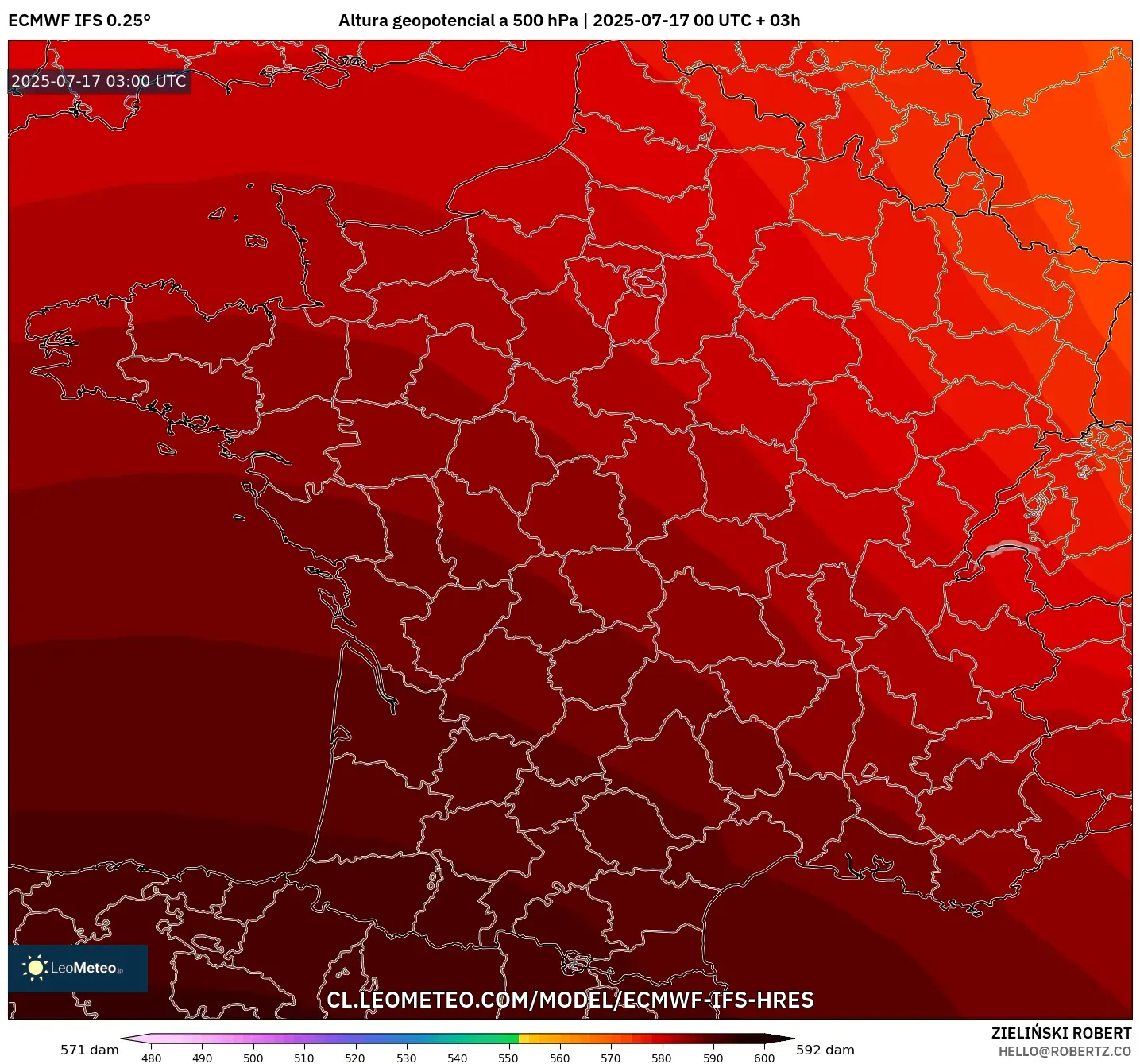 ECMWF IFS 0.25° model - Francia, Altura geopotencial a 500 hPa