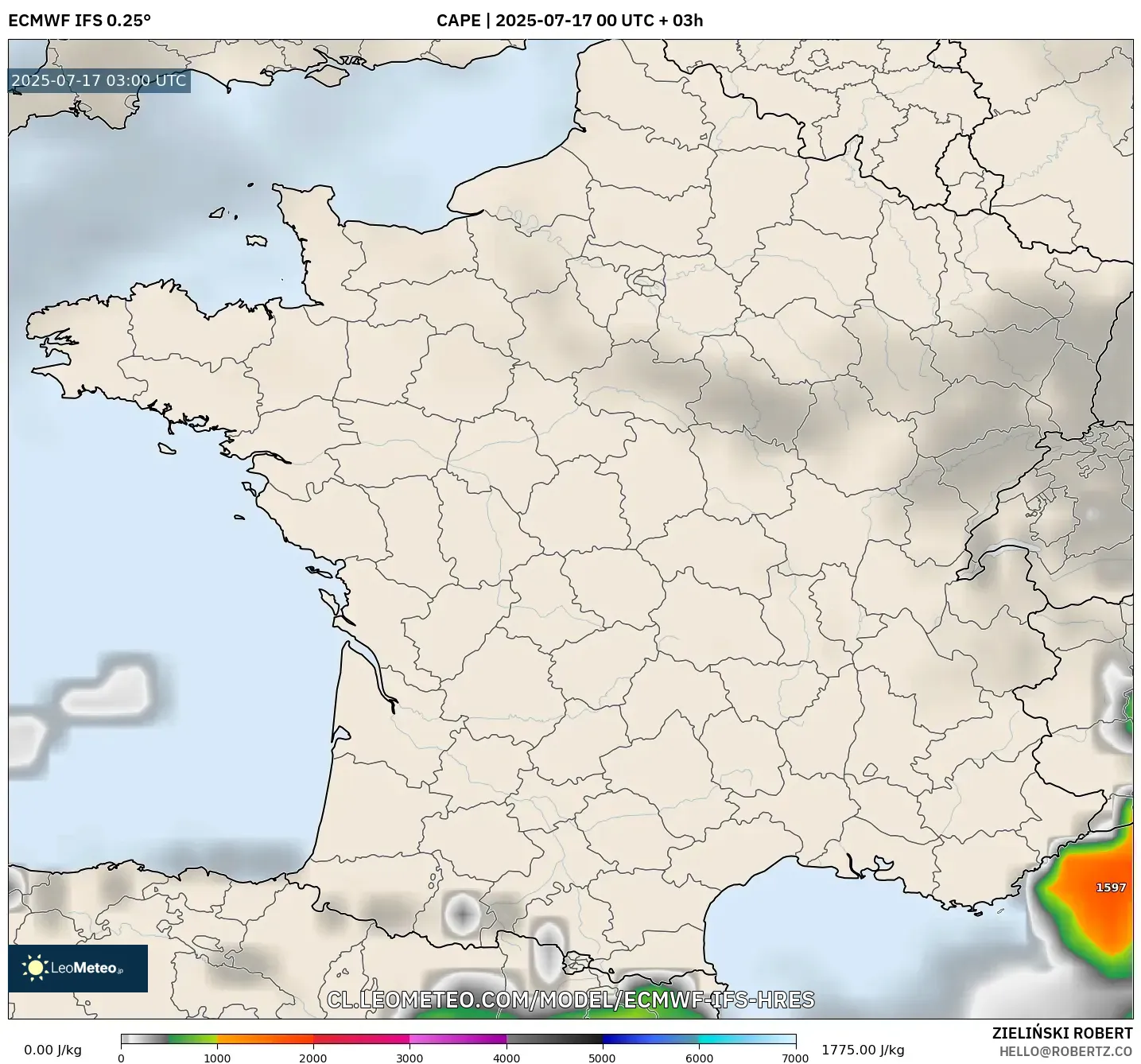 ECMWF IFS 0.25° model - Francia, CAPE ECMWF IFS 0.25° model - Francia, CAPE