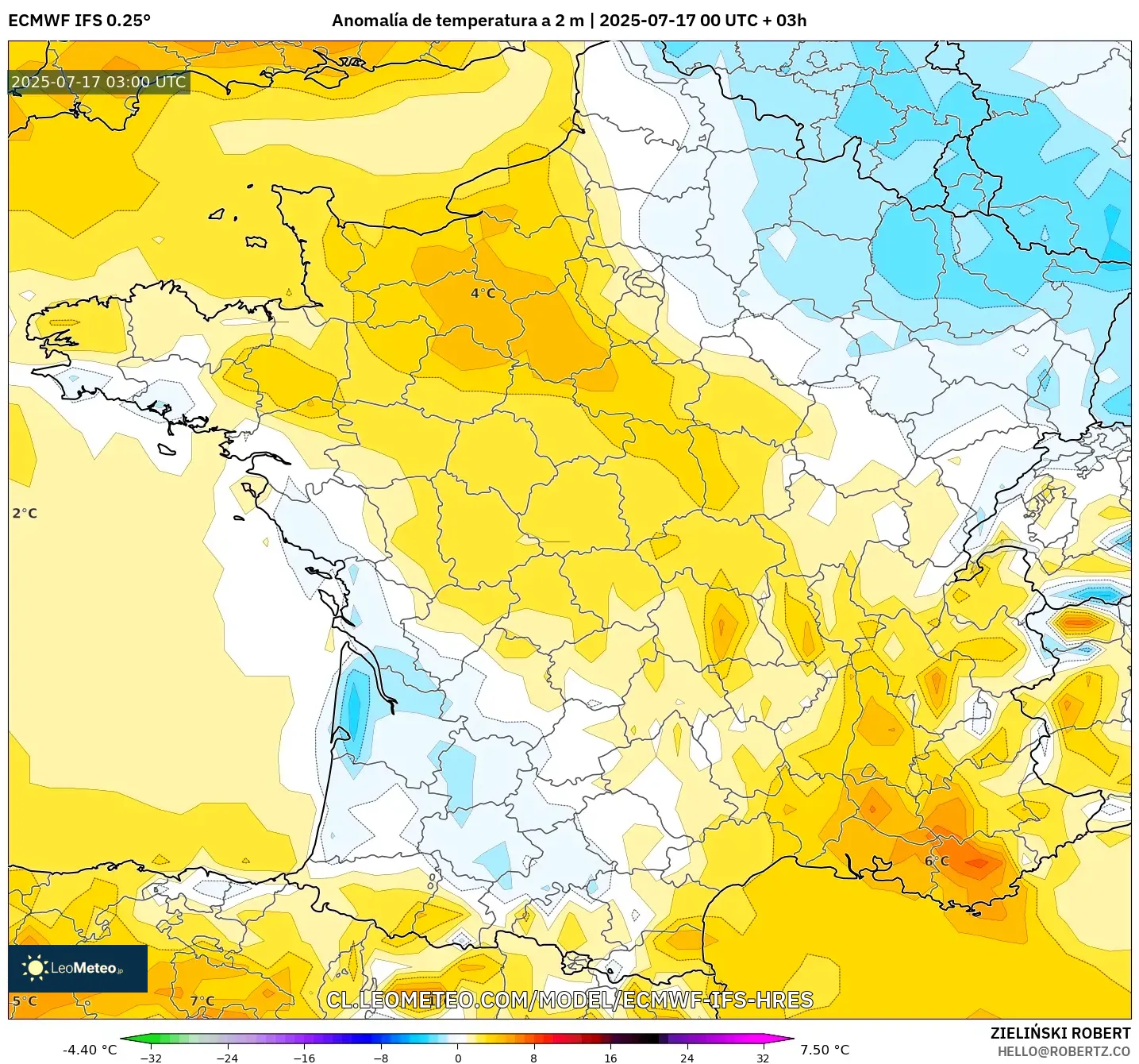 ECMWF IFS 0.25° model - Francia, Anomalía de temperatura a 2 m ECMWF IFS 0.25° model - Francia, Anomalía de temperatura a 2 m