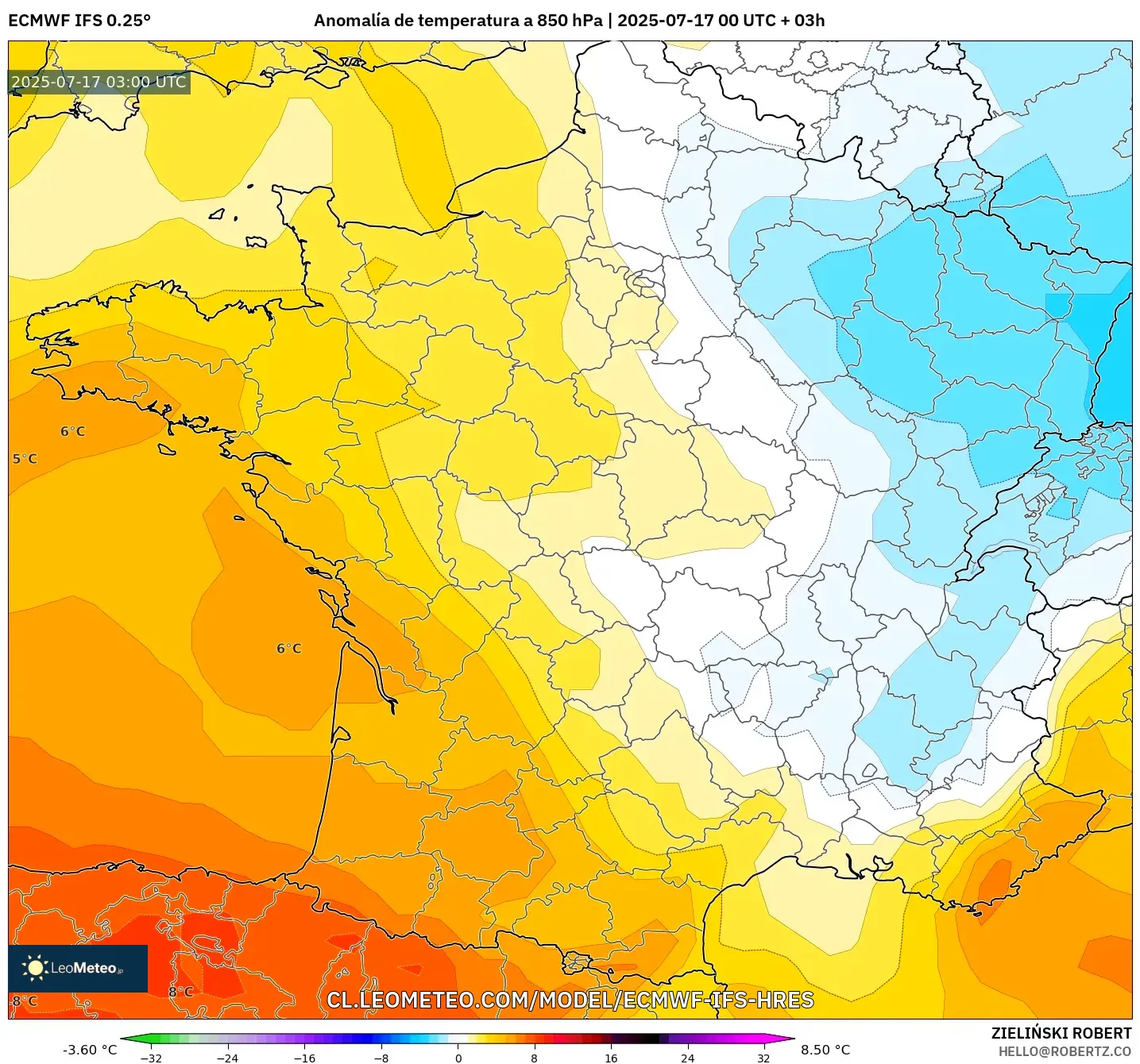 ECMWF IFS 0.25° model - Francia, Anomalía de temperatura a 850 hPa ECMWF IFS 0.25° model - Francia, Anomalía de temperatura a 850 hPa