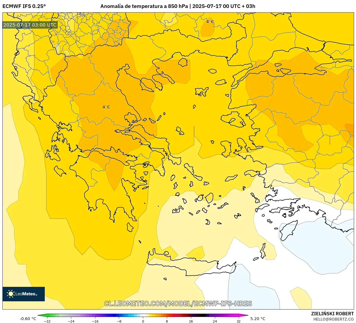 ECMWF IFS 0.25° model - Grecia, Anomalía de temperatura a 850 hPa ECMWF IFS 0.25° model - Grecia, Anomalía de temperatura a 850 hPa