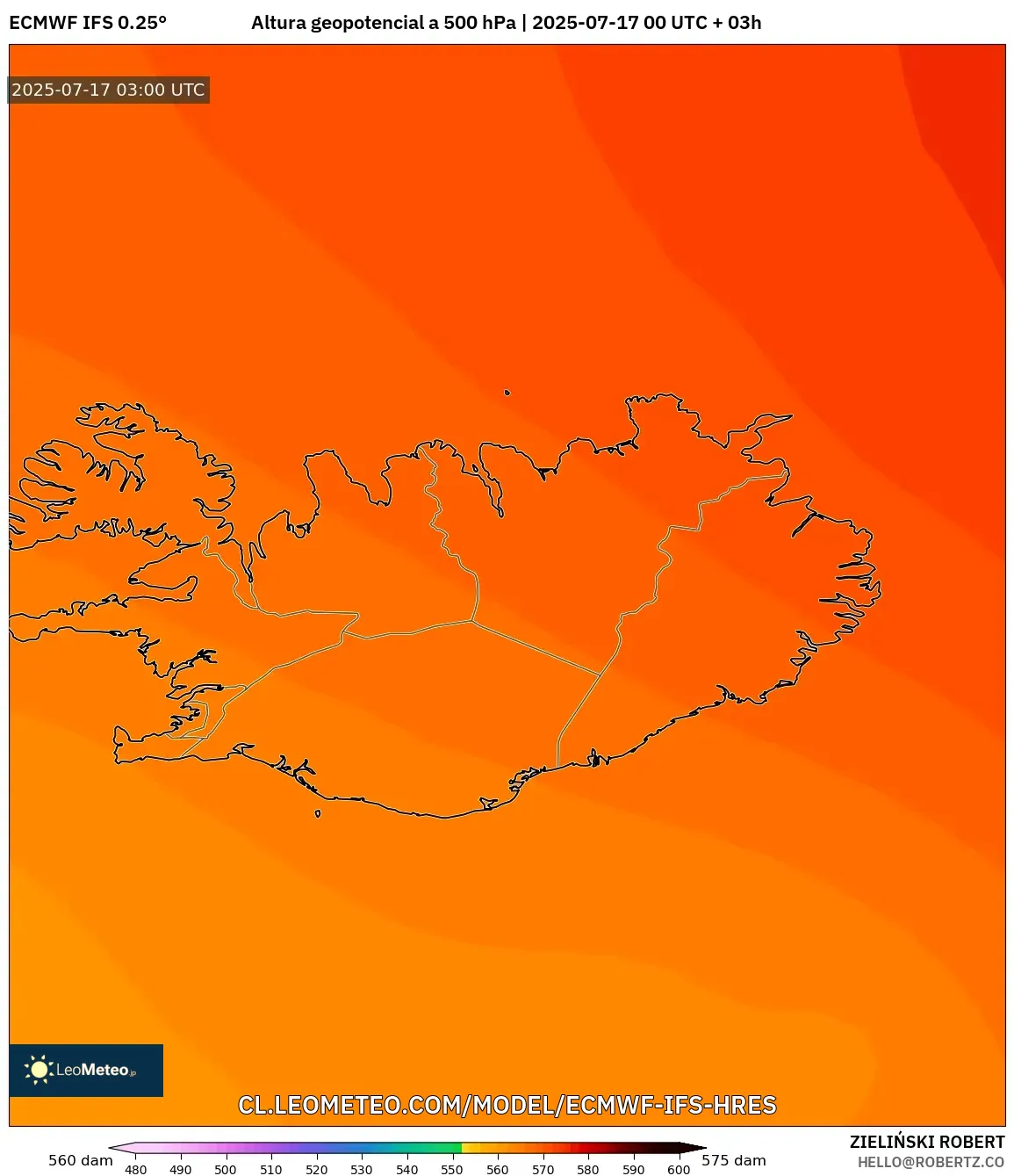 ECMWF IFS 0.25° model - Islandia, Altura geopotencial a 500 hPa ECMWF IFS 0.25° model - Islandia, Altura geopotencial a 500 hPa