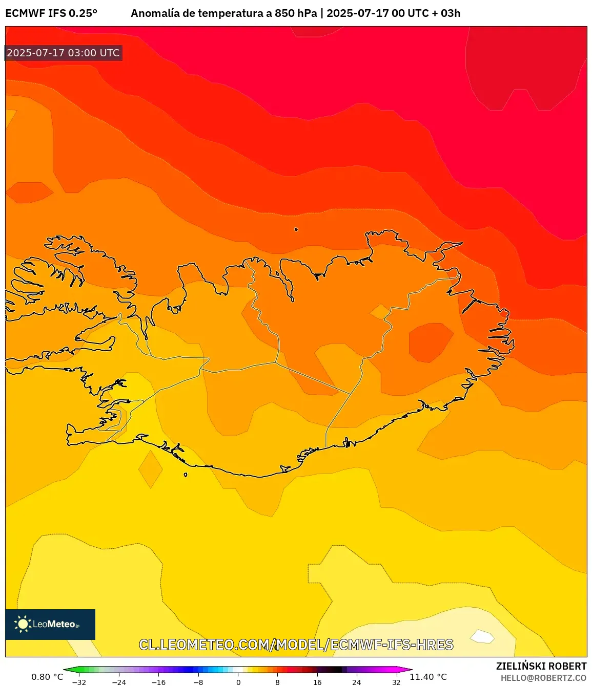 ECMWF IFS 0.25° model - Islandia, Anomalía de temperatura a 850 hPa ECMWF IFS 0.25° model - Islandia, Anomalía de temperatura a 850 hPa