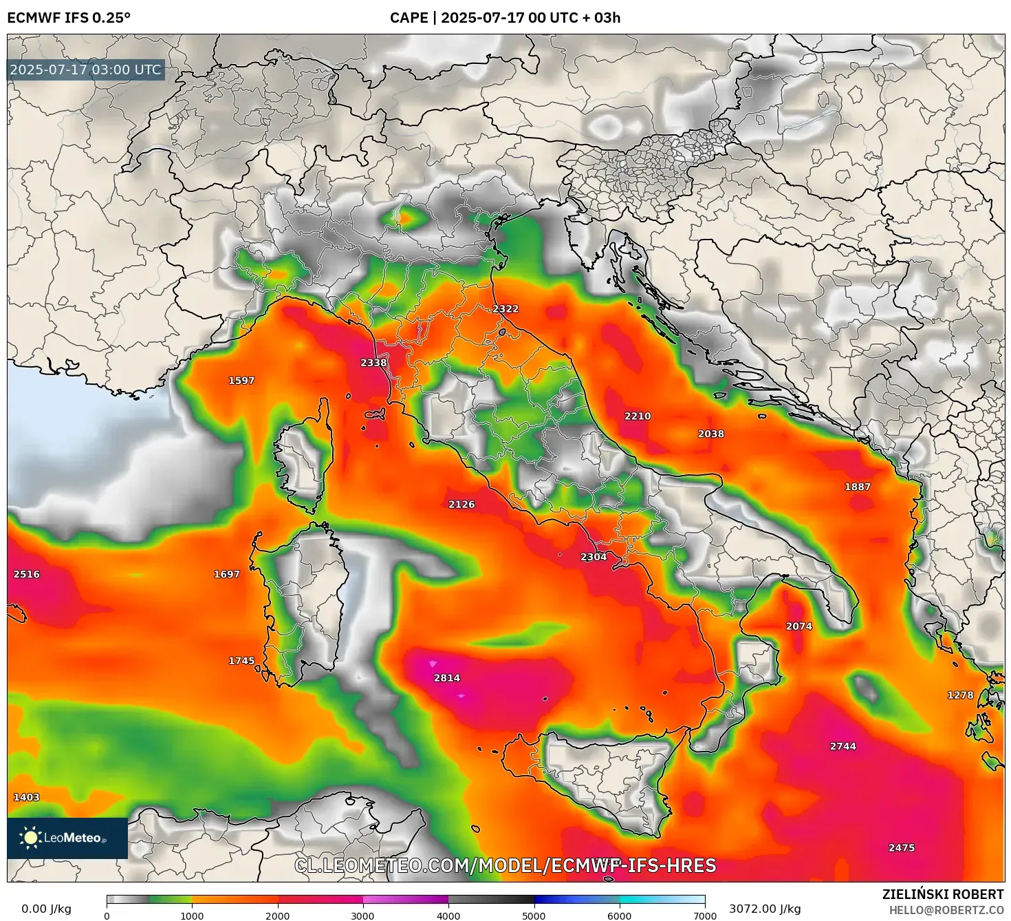 ECMWF IFS 0.25° model - Italia, CAPE ECMWF IFS 0.25° model - Italia, CAPE
